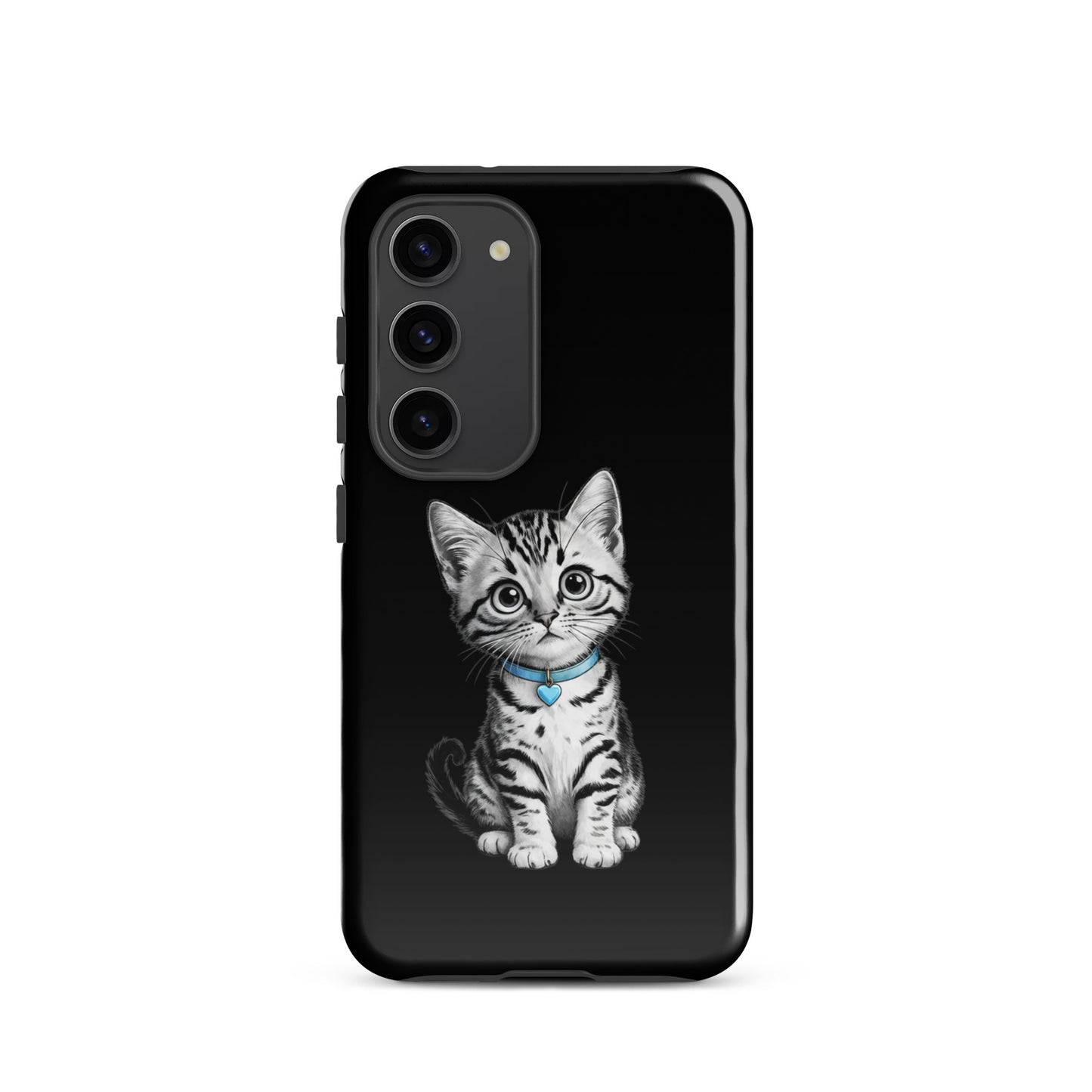 Phone Case for Samsung Galaxy with kitten design and blue heart charm, featuring artful hand-rendered pencil sketch details.