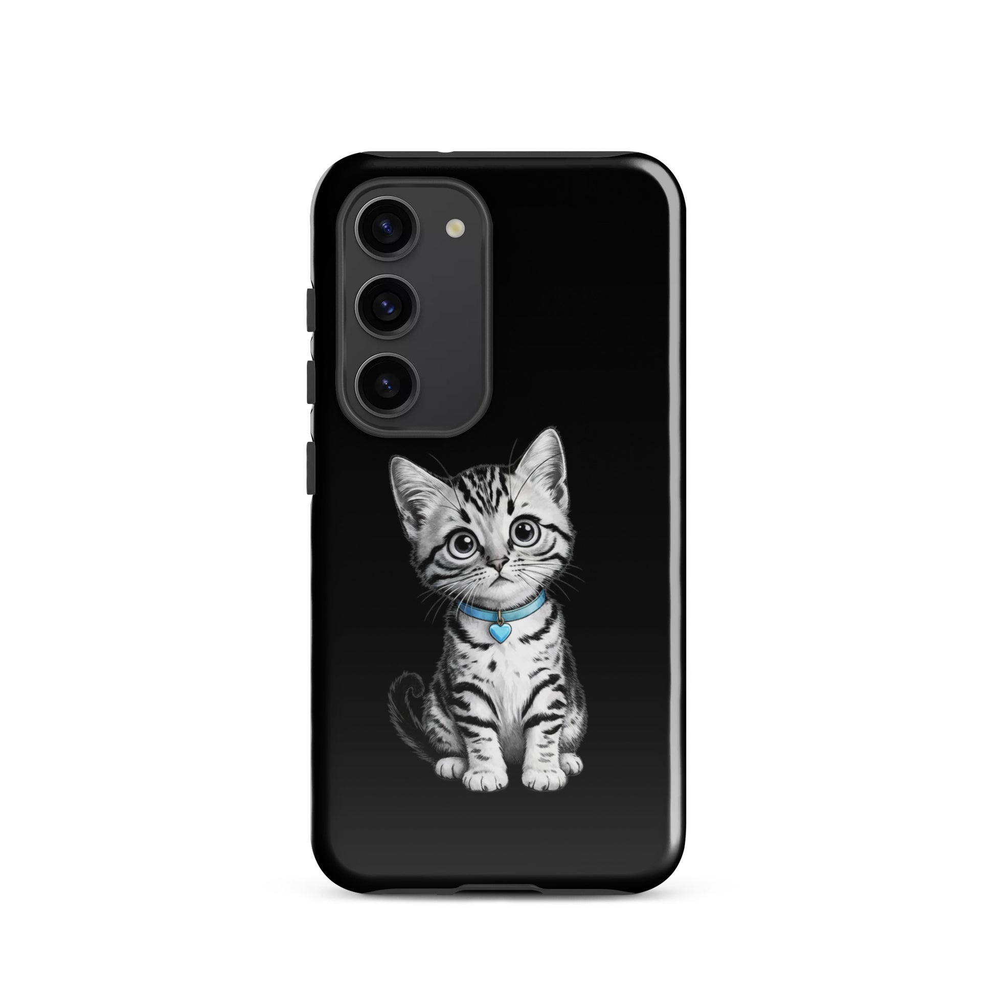 Phone Case for Samsung Galaxy with kitten design and blue heart charm, featuring artful hand-rendered pencil sketch details.
