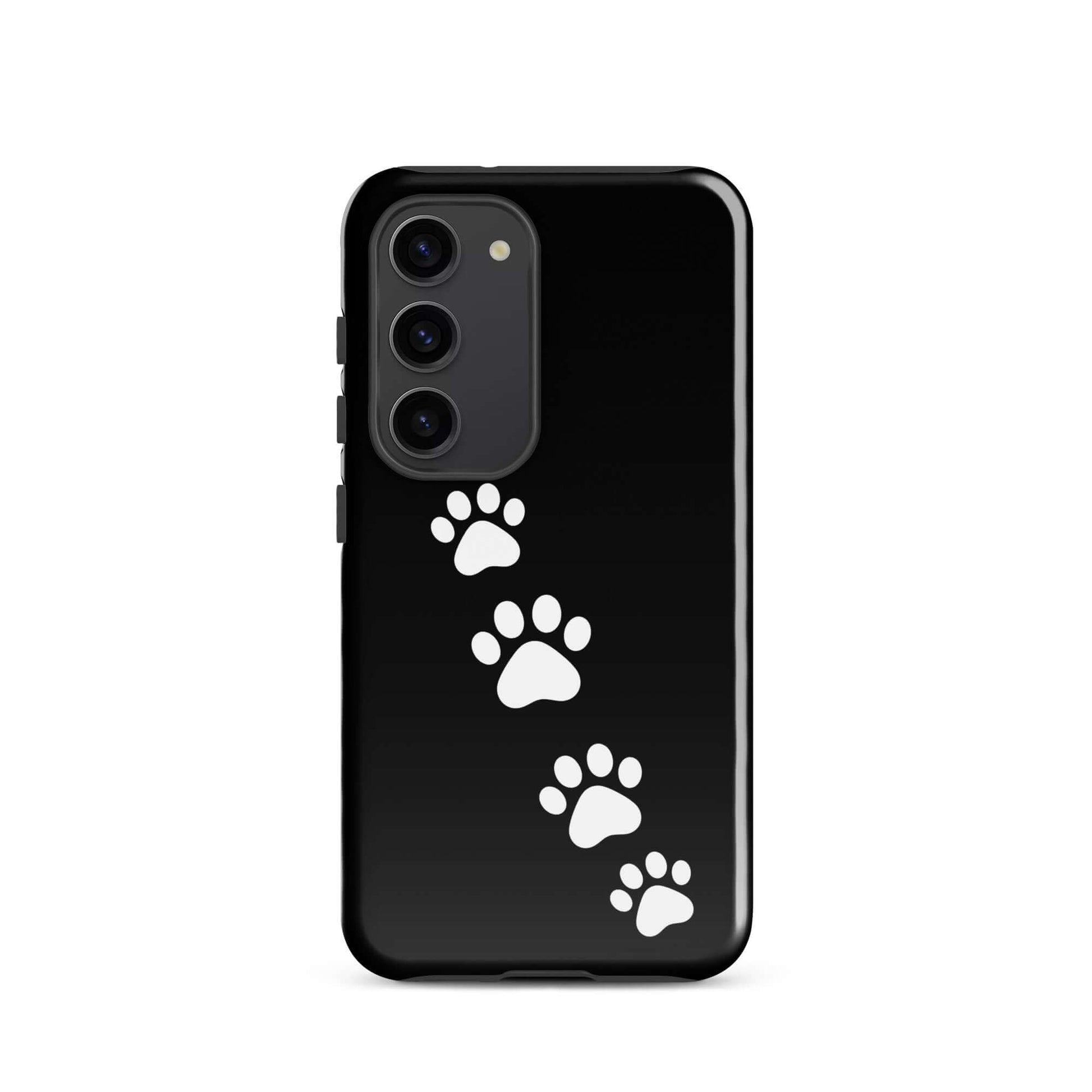 Phone case for Samsung Galaxy featuring white paw-print trail on a sleek black background, perfect for playful pet lovers.