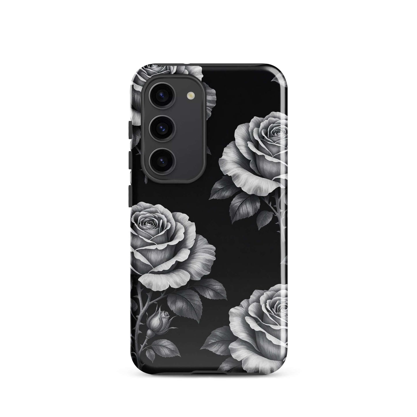 Phone Case for Samsung Galaxy in rose garden design with hand-sketched roses on black background for elegant floral charm.