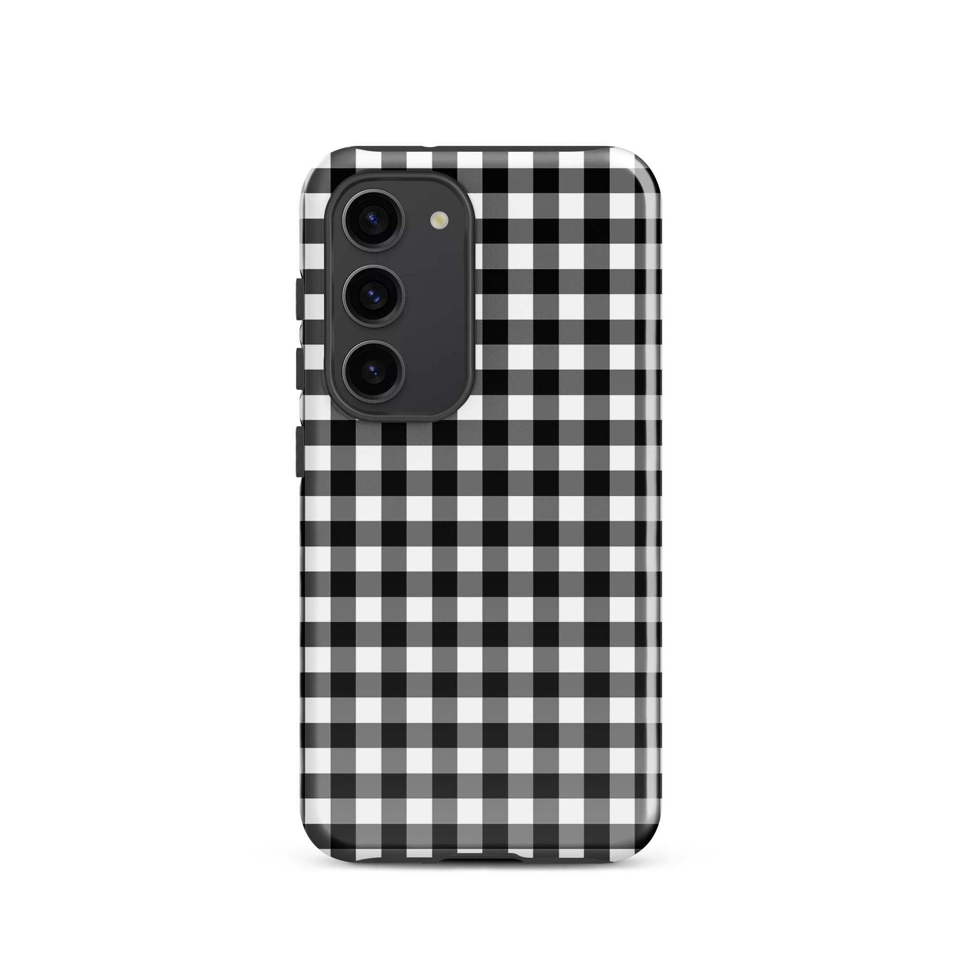 Phone Case for Samsung Galaxy with stylish black-and-white gingham pattern, offering chic protection and luxury craftsmanship.