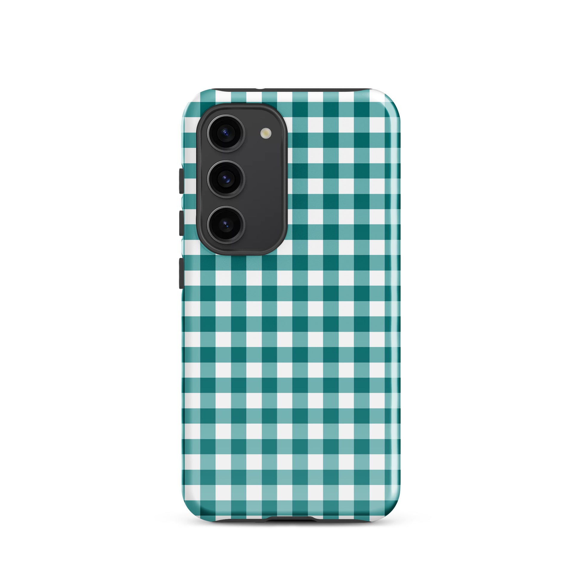 Phone Case for Samsung Galaxy with teal and white gingham pattern, combines style and protection.