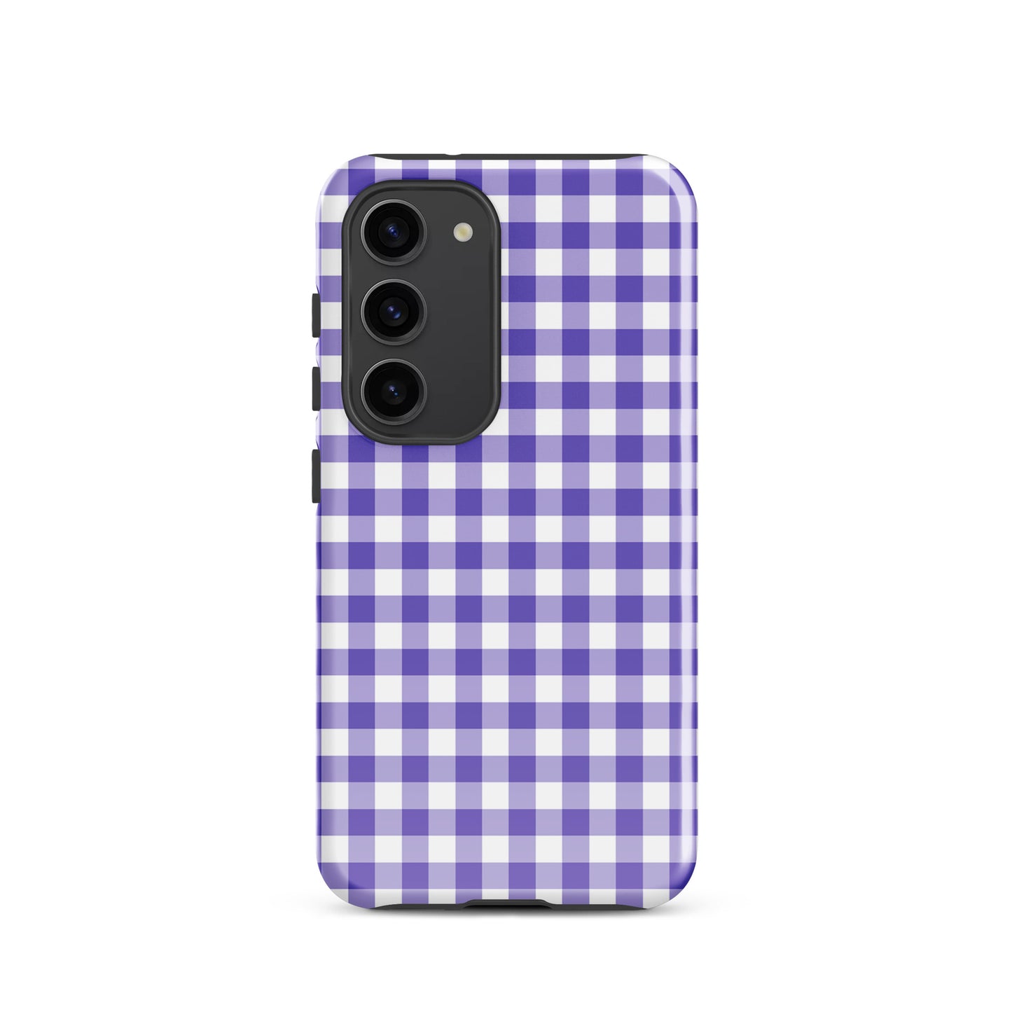 Phone case for Samsung Galaxy with purple gingham pattern, offering stylish protection and luxury craftsmanship.