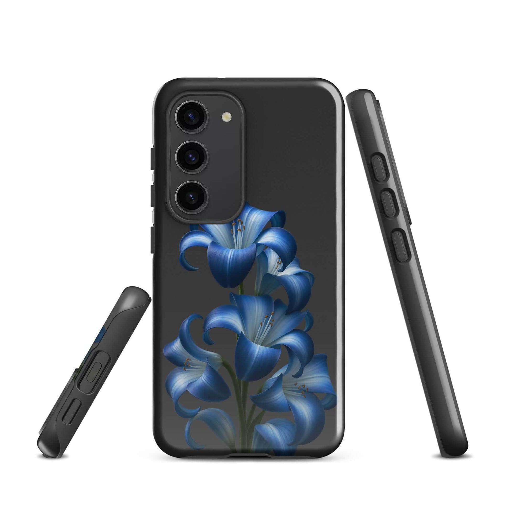 Phone Case for Samsung Galaxy featuring blue lily bloom design on dark backdrop, stylish and protective dual-layer cover.