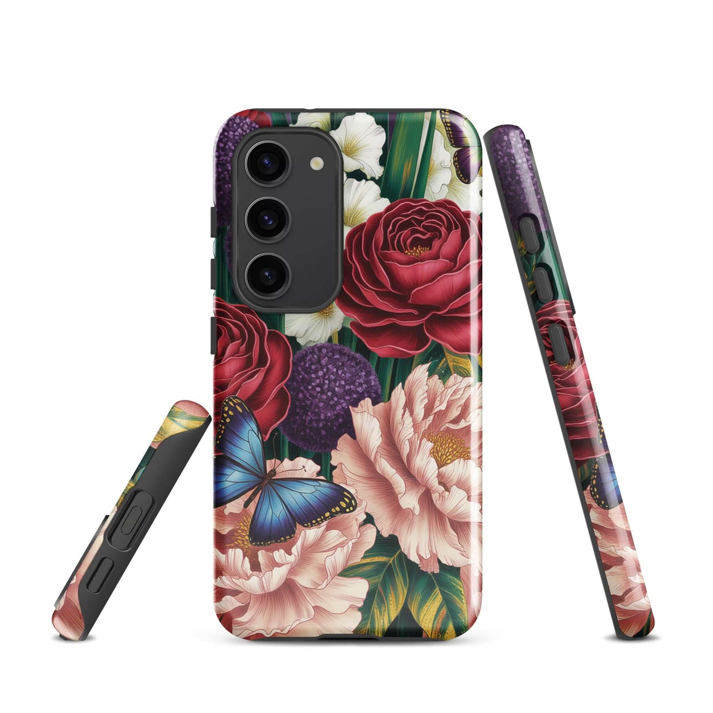 Phone Case for Samsung Galaxy with floral design, featuring crimson roses, pink peonies, purple alliums, and blue butterflies.