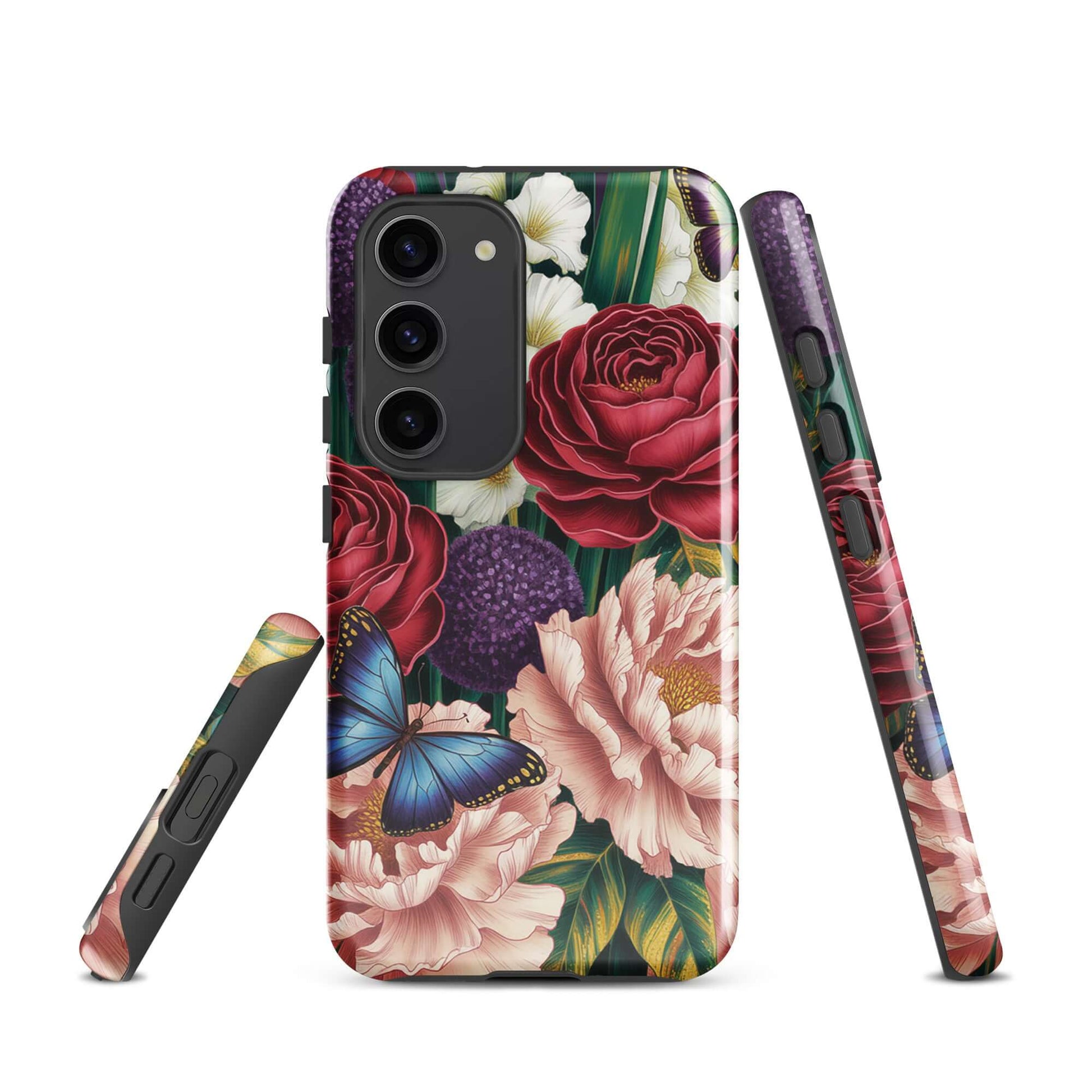 Phone Case for Samsung Galaxy with floral design, featuring crimson roses, pink peonies, purple alliums, and blue butterflies.
