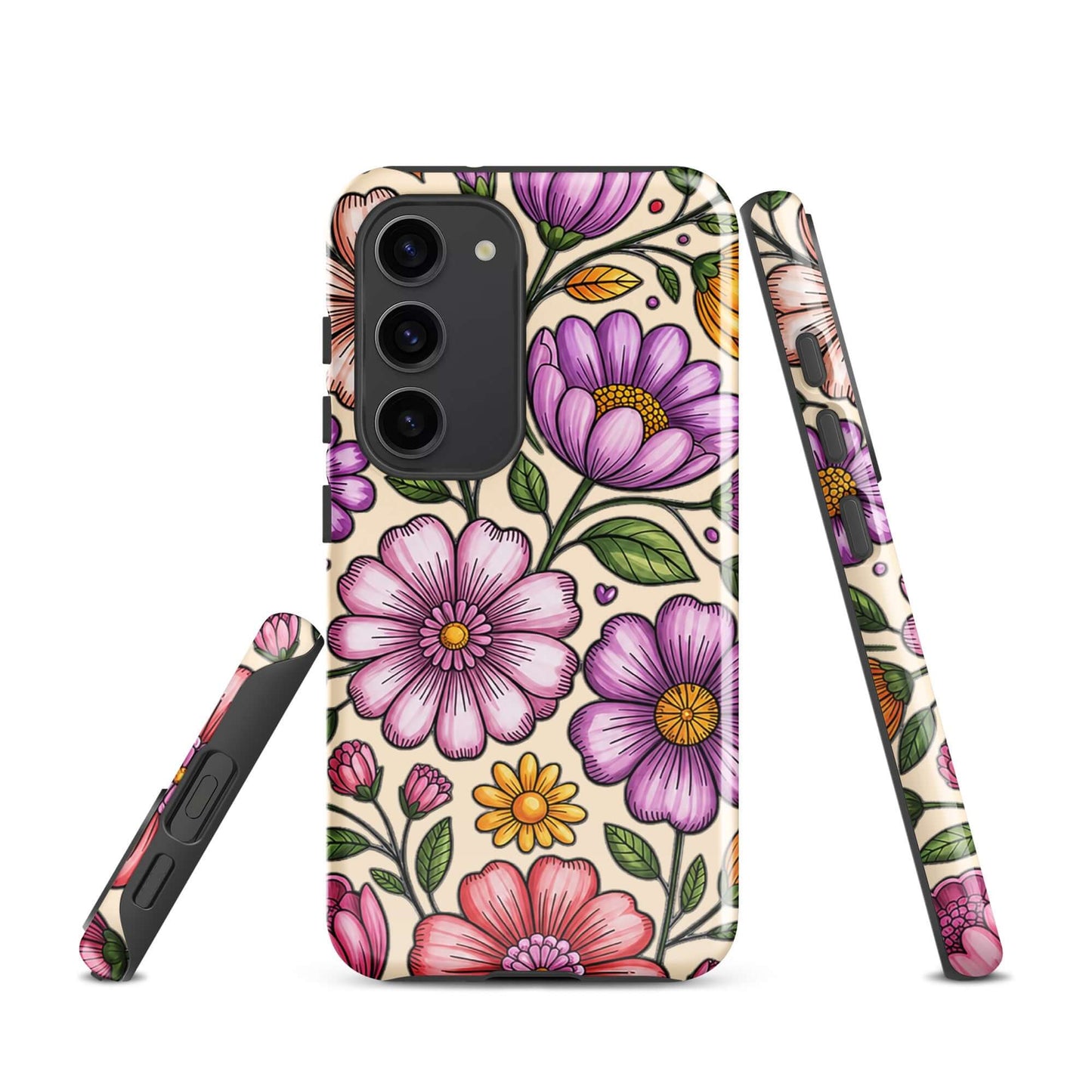 Phone Case for Samsung Galaxy with pastel floral design in soft pinks, peaches, and lavenders, offering charm and durability.
