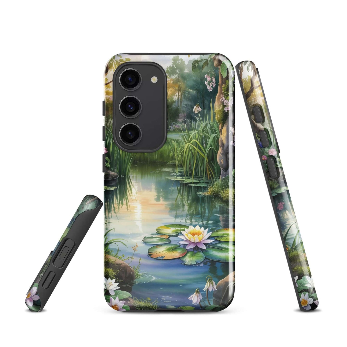 Phone Case for Samsung Galaxy featuring enchanted pond with lily pads and sunset glow, offering a tranquil, storybook charm design.