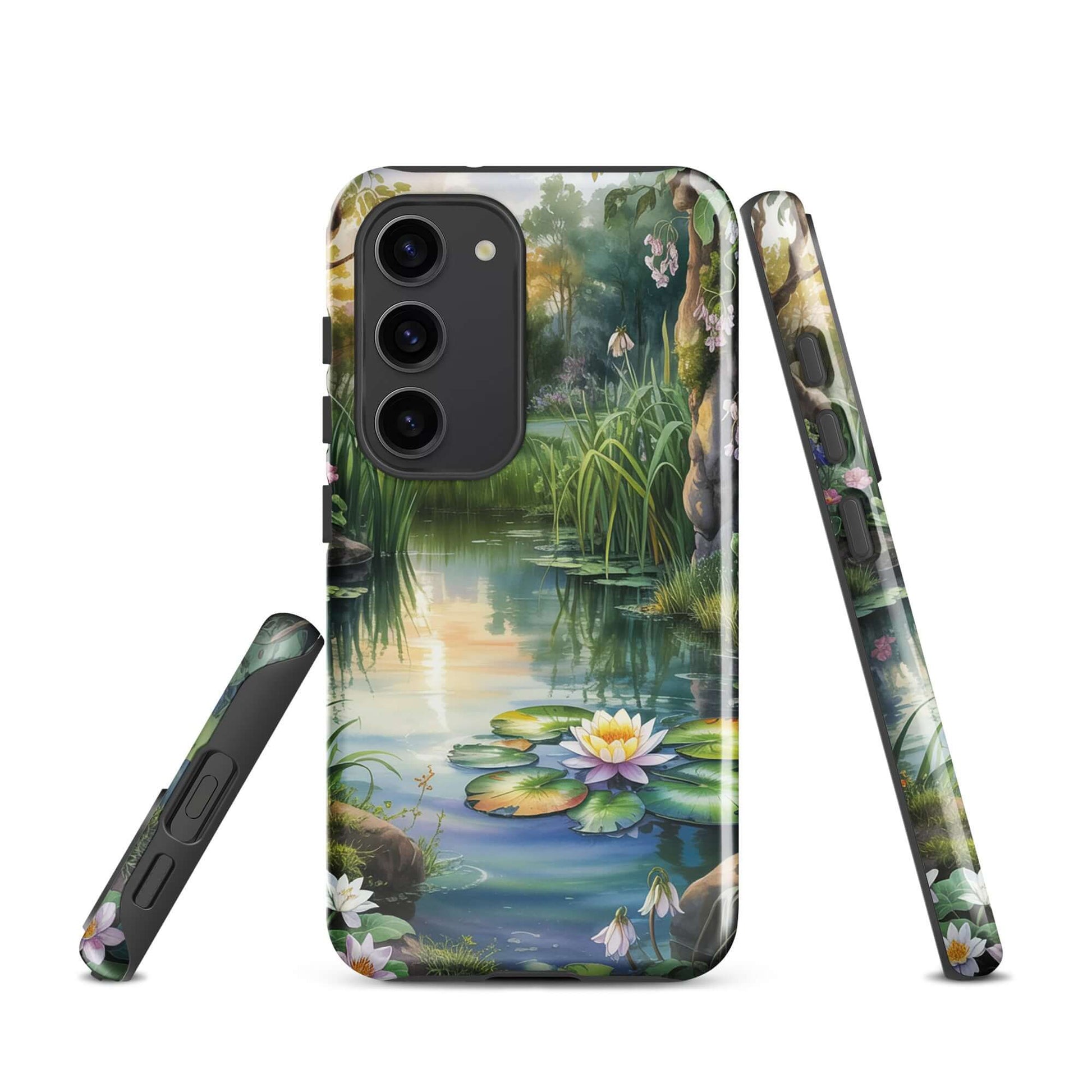 Phone Case for Samsung Galaxy featuring enchanted pond with lily pads and sunset glow, offering a tranquil, storybook charm design.