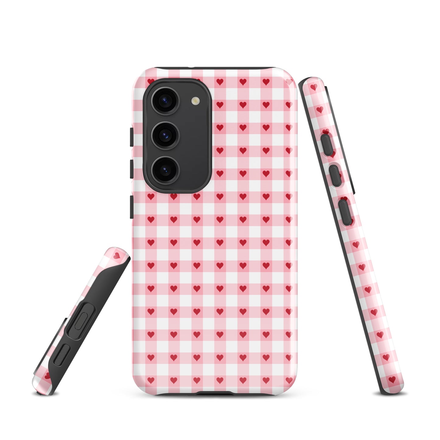 Phone Case for Samsung Galaxy with pink-and-white gingham heart pattern, offering style and durability for your device.