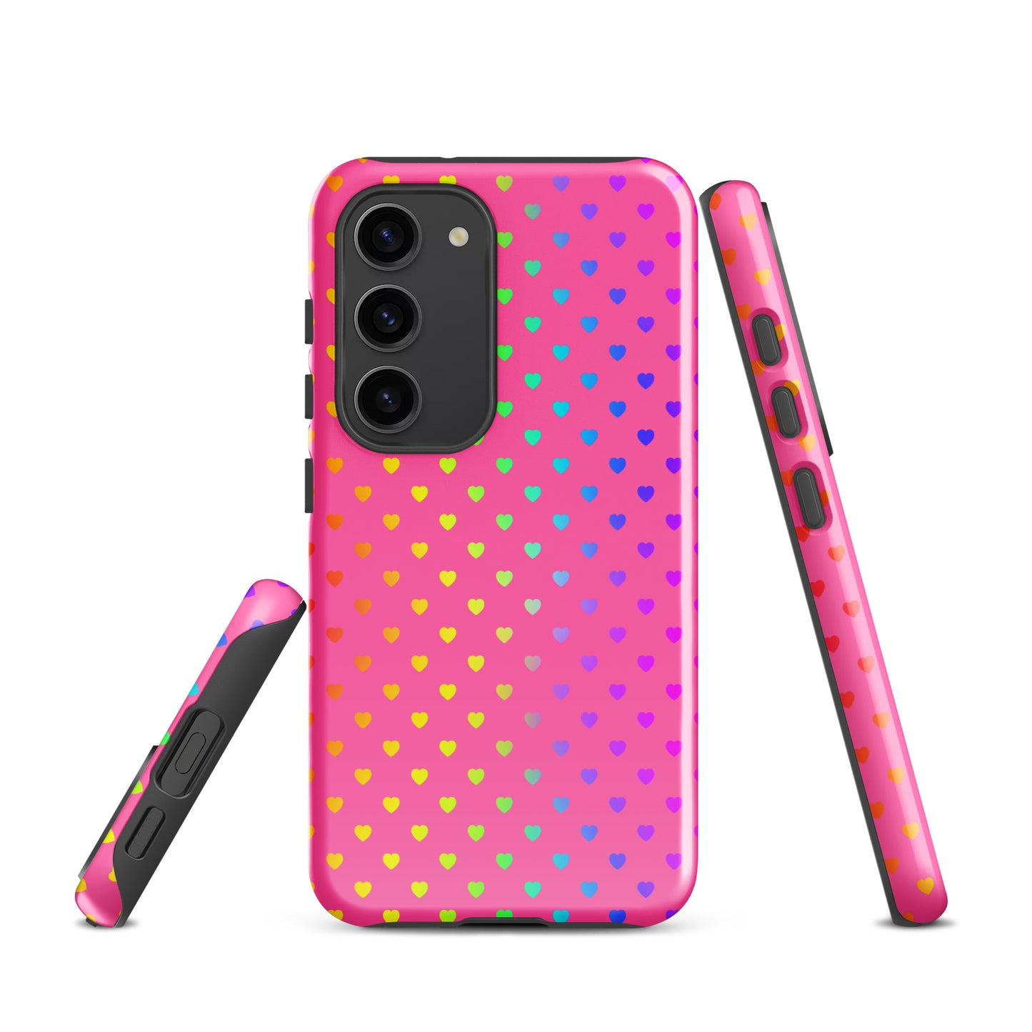 Phone case for Samsung Galaxy with cute rainbow hearts on pink background, showing colorful and playful design from multiple angles.
