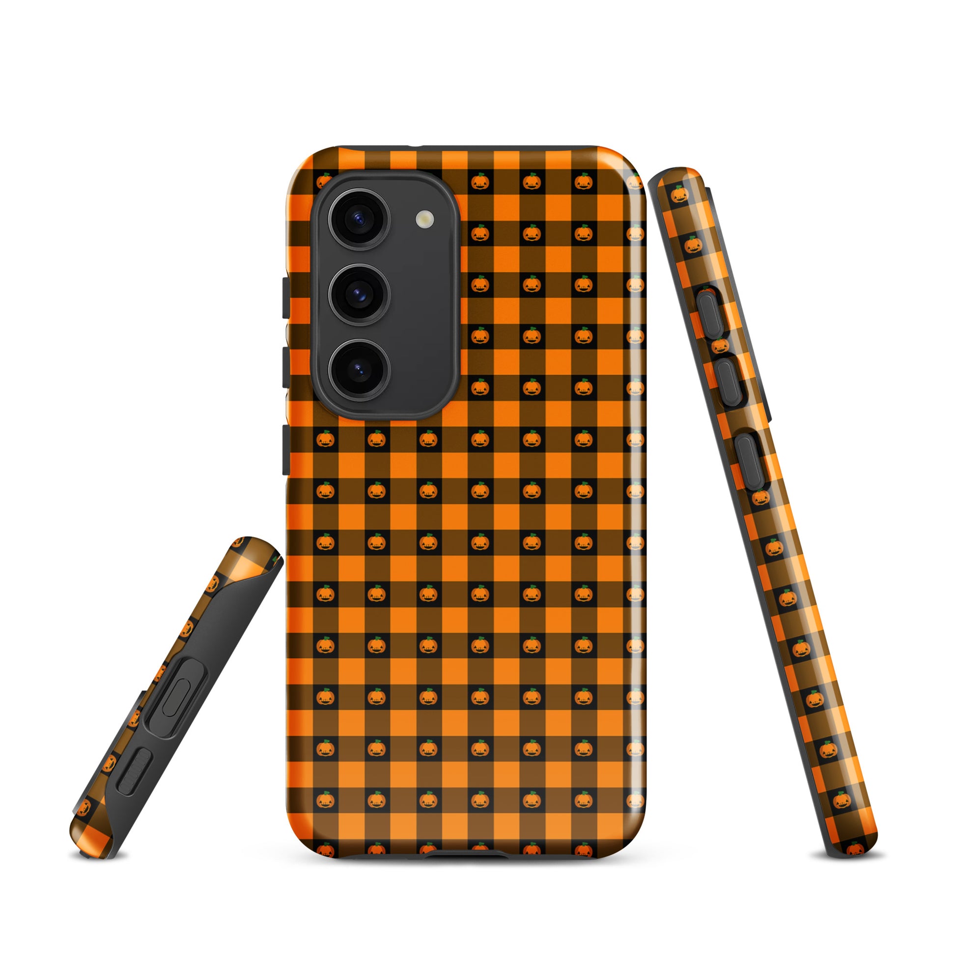 Phone Case for Samsung Galaxy with playful pumpkin gingham Halloween design, featuring jack-o’-lantern faces on an orange and black checkered pattern.