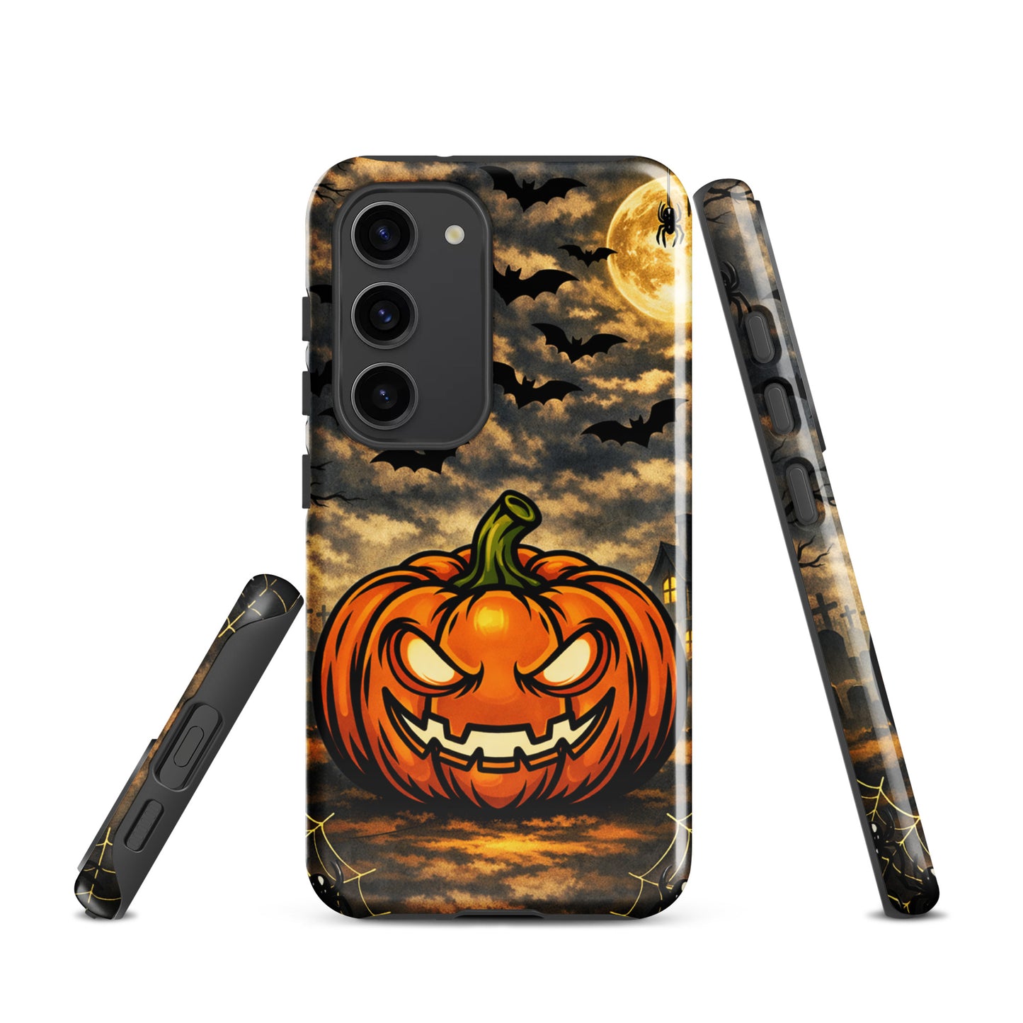 Phone Case for Samsung Galaxy with a haunted pumpkin Halloween scene, featuring jack-o’-lantern, bats, and moonlit clouds