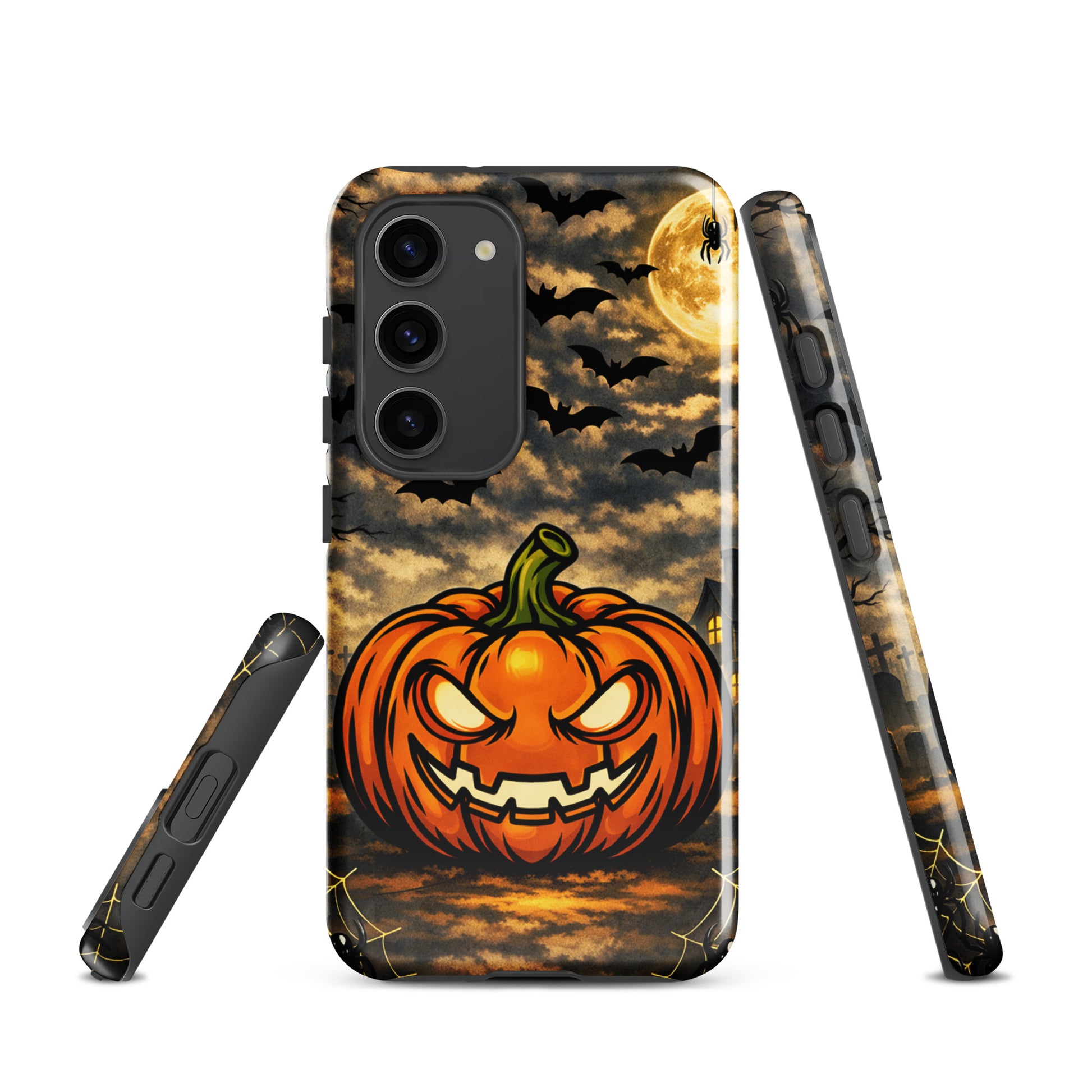 Phone Case for Samsung Galaxy with a haunted pumpkin Halloween scene, featuring jack-o’-lantern, bats, and moonlit clouds