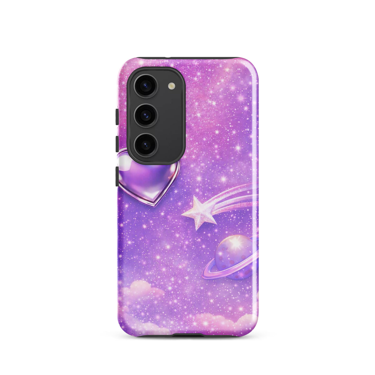 Phone Case for Samsung Galaxy with cosmic heart and shooting star design, featuring pastel clouds, metallic heart, and celestial artwork.
