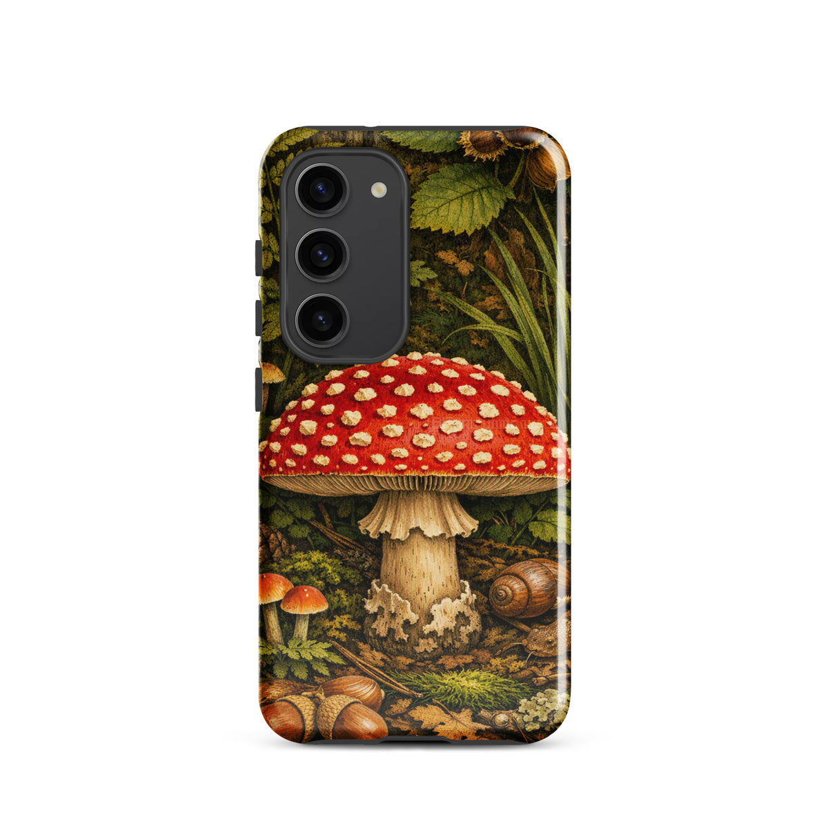 Phone Case for Samsung Galaxy featuring Amanita muscaria mushroom design, showcasing vivid red cap with white spots in forest scene.