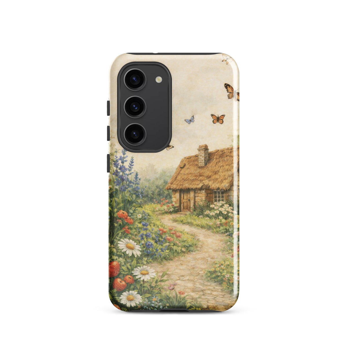 Phone Case for Samsung Galaxy with cottage garden design, featuring a stone cottage, daisies, poppies, and butterflies.