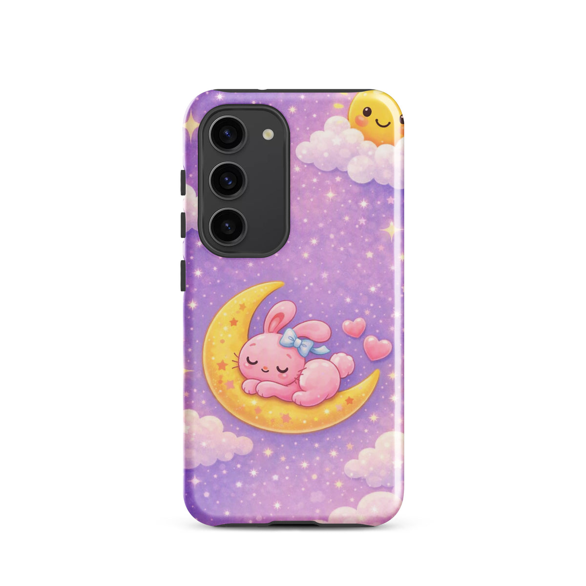Phone Case for Samsung Galaxy - Cute, Cozy, Dreamy Bunny Moon Design with pink bunny on crescent moon, surrounded by stars.
