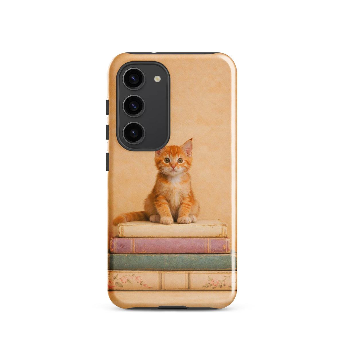 Phone Case for Samsung Galaxy with cozy kitten and vintage books design, featuring an orange tabby on pastel books for cat and book lovers.