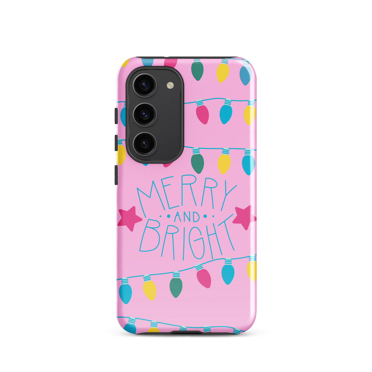 Phone Case for Samsung Galaxy with "Merry and Bright" design and holiday lights on a pink background.