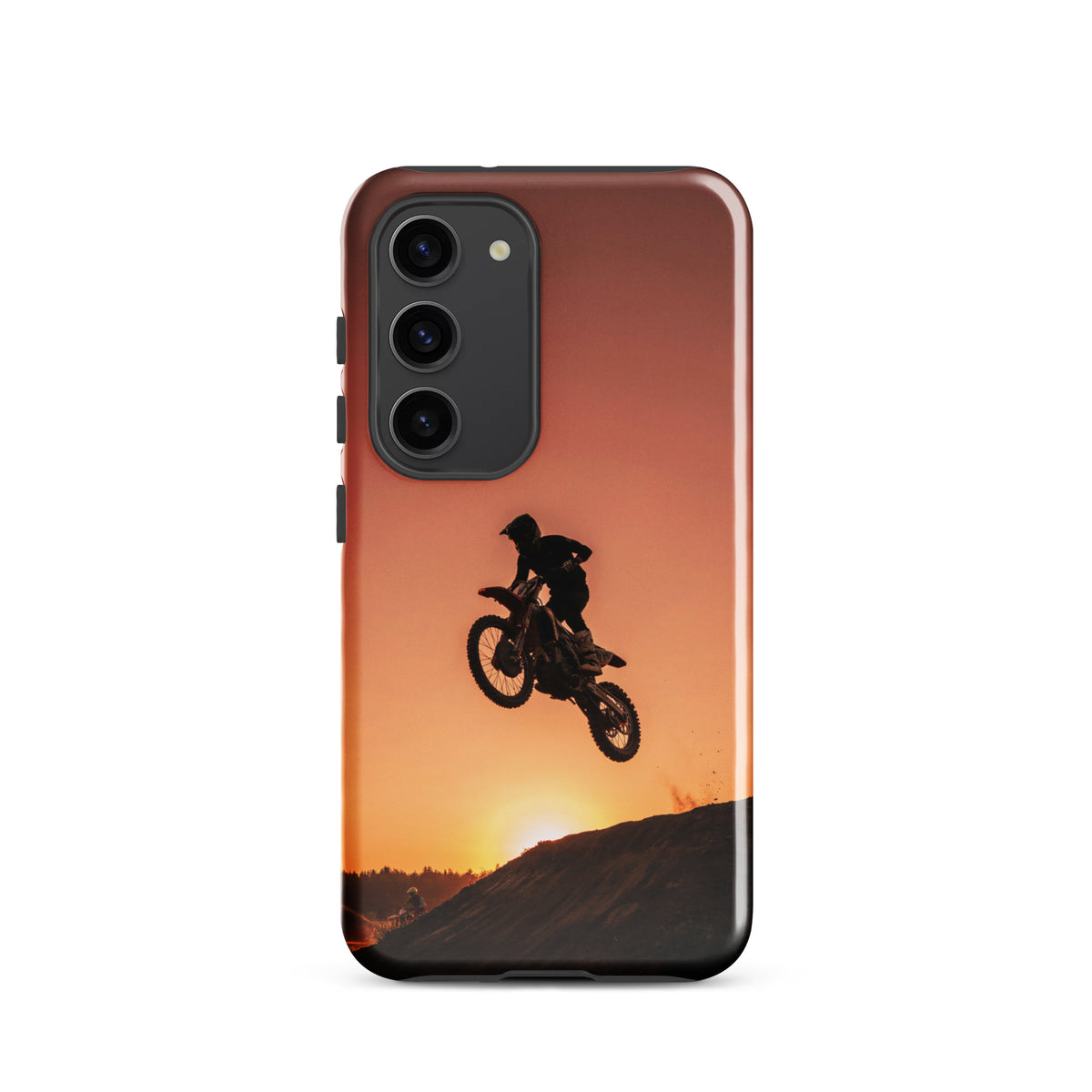 Phone Case for Samsung Galaxy with motocross design, dirt bike silhouette against sunset with warm tones of copper and burnt orange.