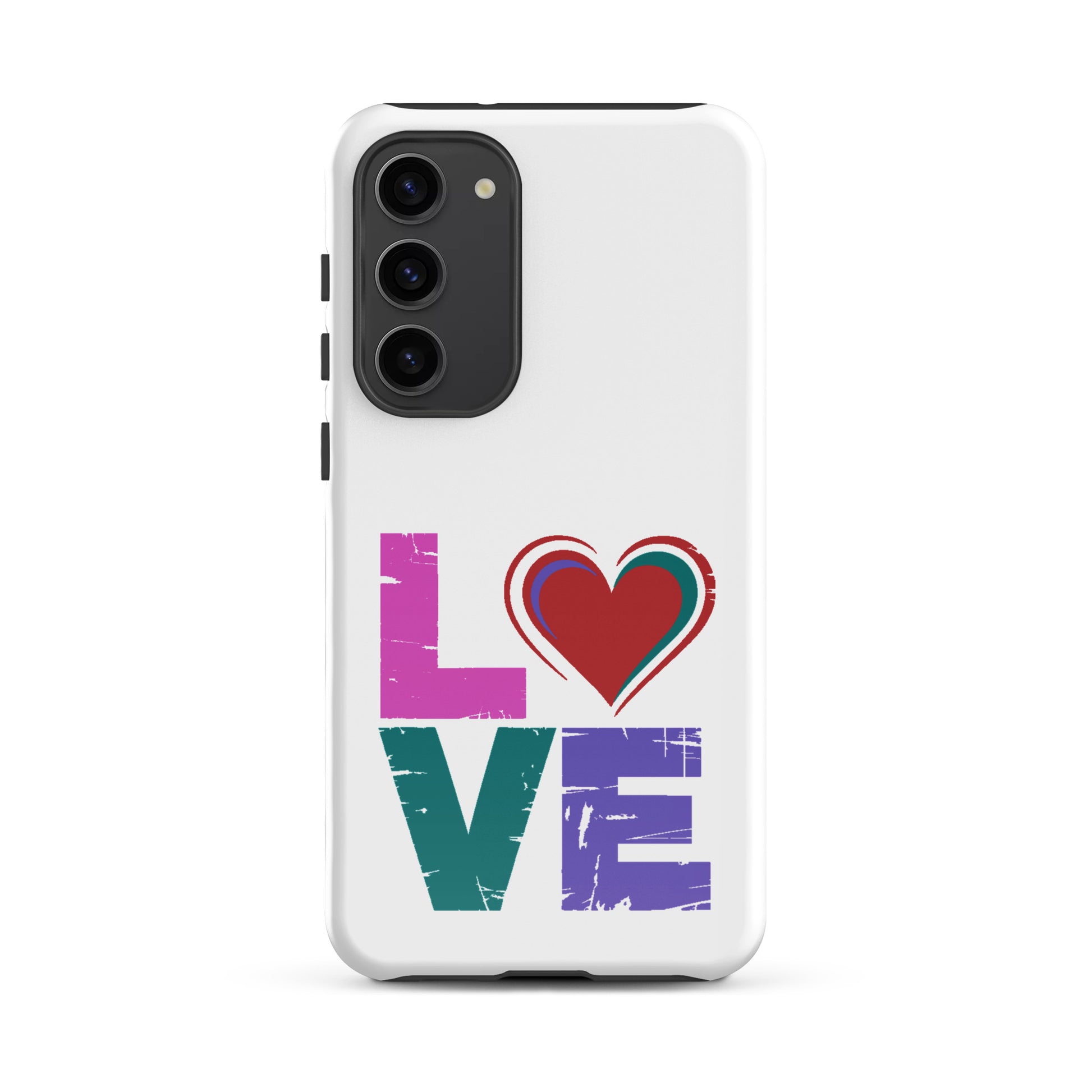 Tough case for Samsung Galaxy Phones showcasing a colorful 'LOVE' design with a heart symbol.
