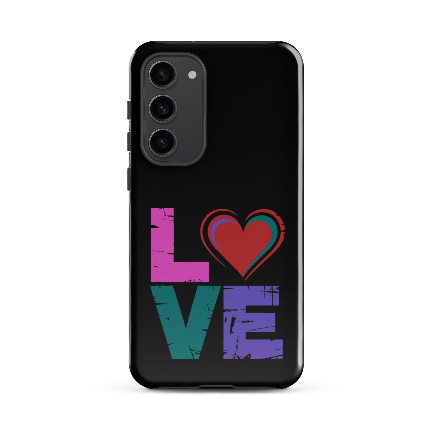Tough case for Samsung Galaxy Phones showing colorful 'LOVE' design with heart on black background.