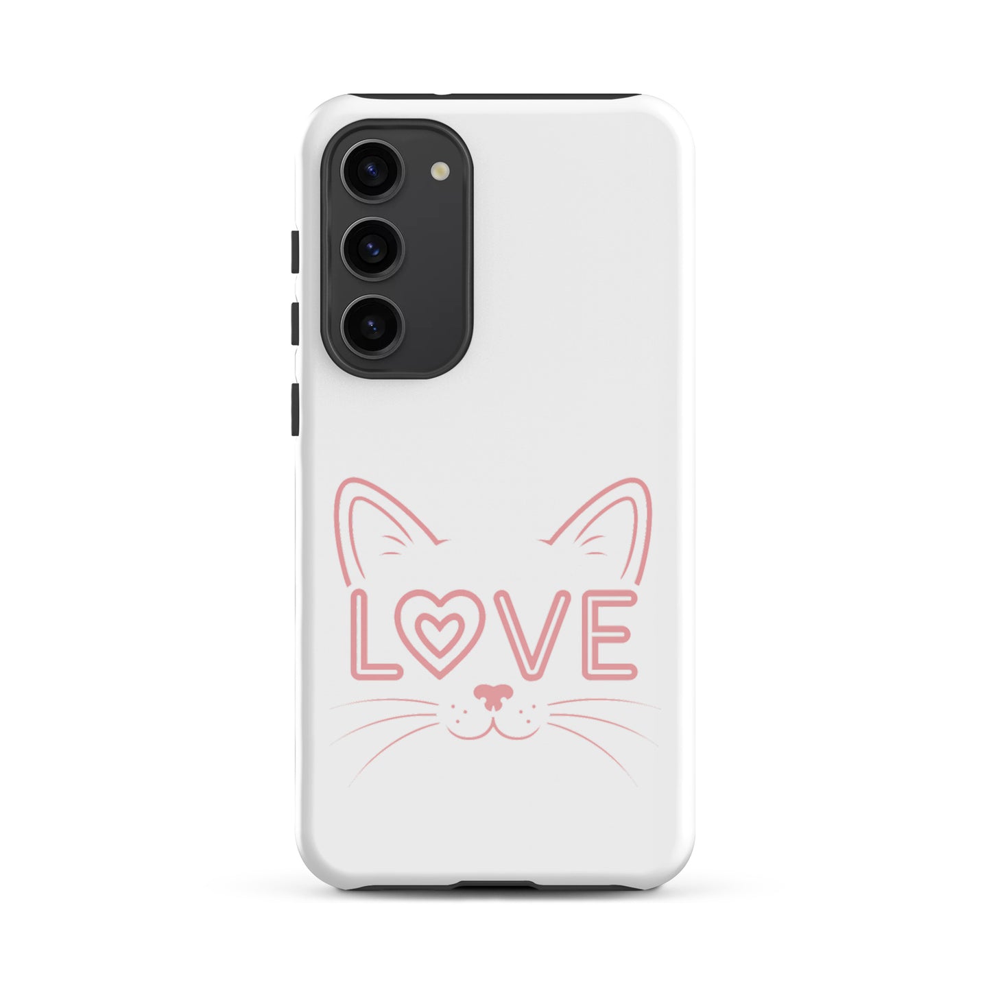 Cat Love phone case for Samsung Galaxy featuring minimalist cat face design and word 'LOVE' in pink.