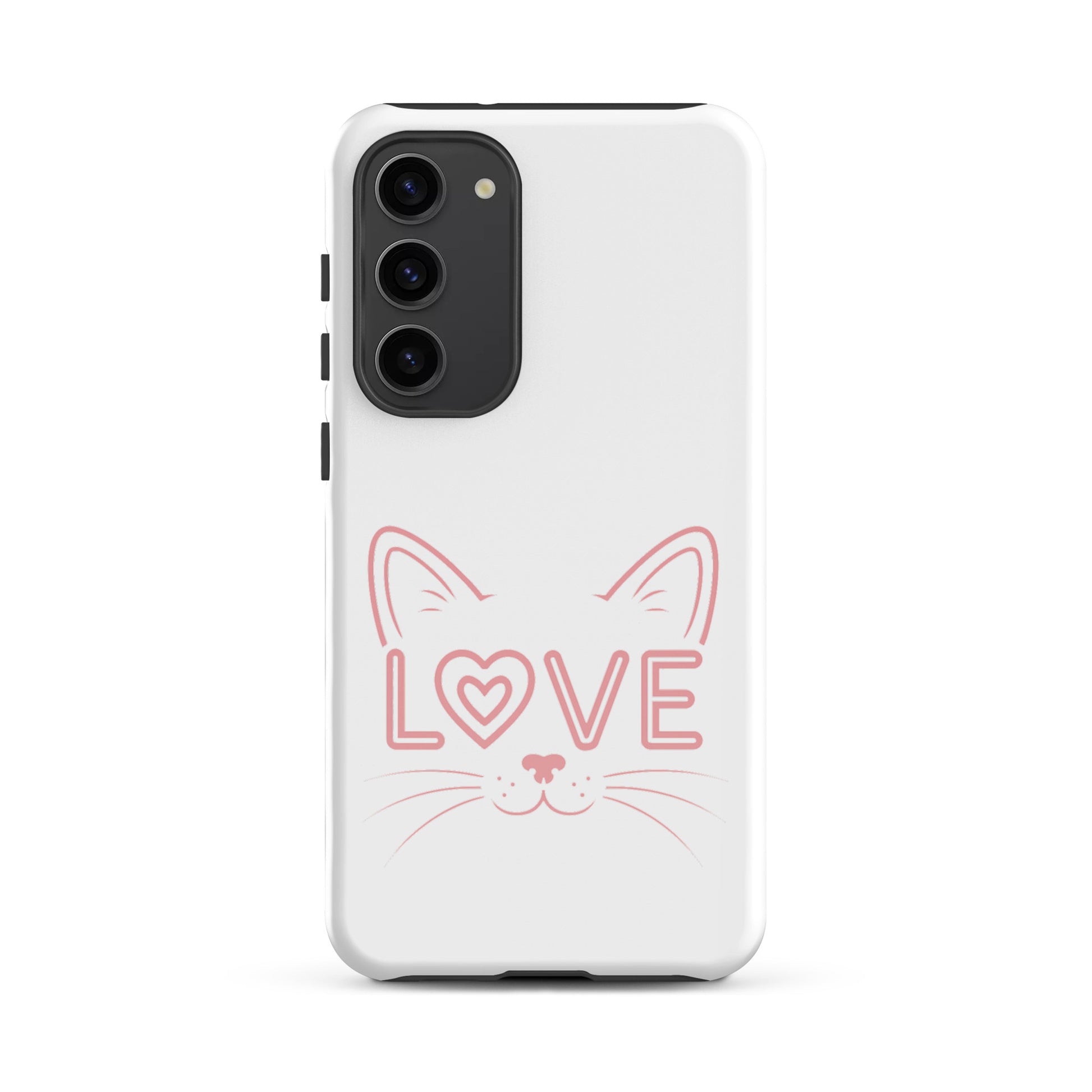 Cat Love phone case for Samsung Galaxy featuring minimalist cat face design and word 'LOVE' in pink.