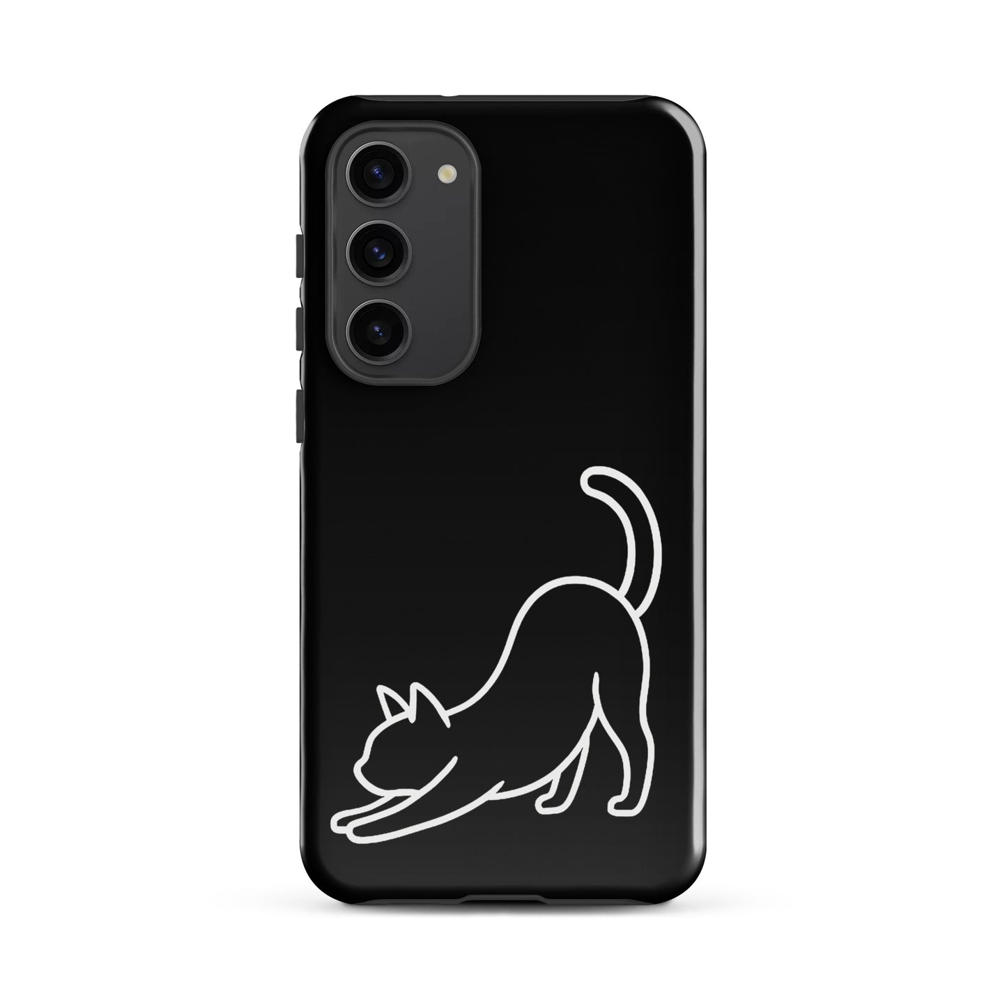 Phone Case for Samsung Galaxy with minimalist stretching cat design on a sleek black background.
