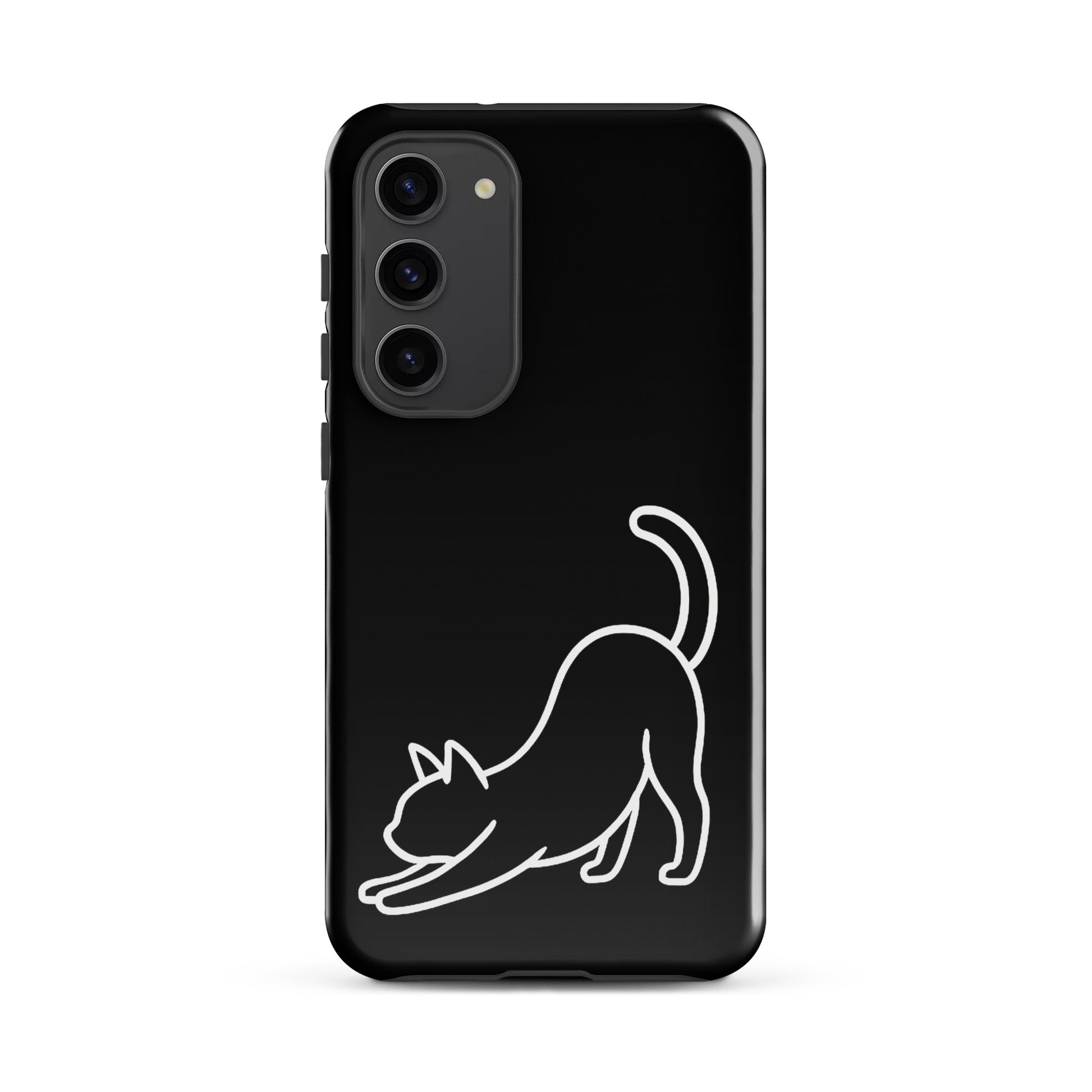 Phone Case for Samsung Galaxy with minimalist stretching cat design on a sleek black background.