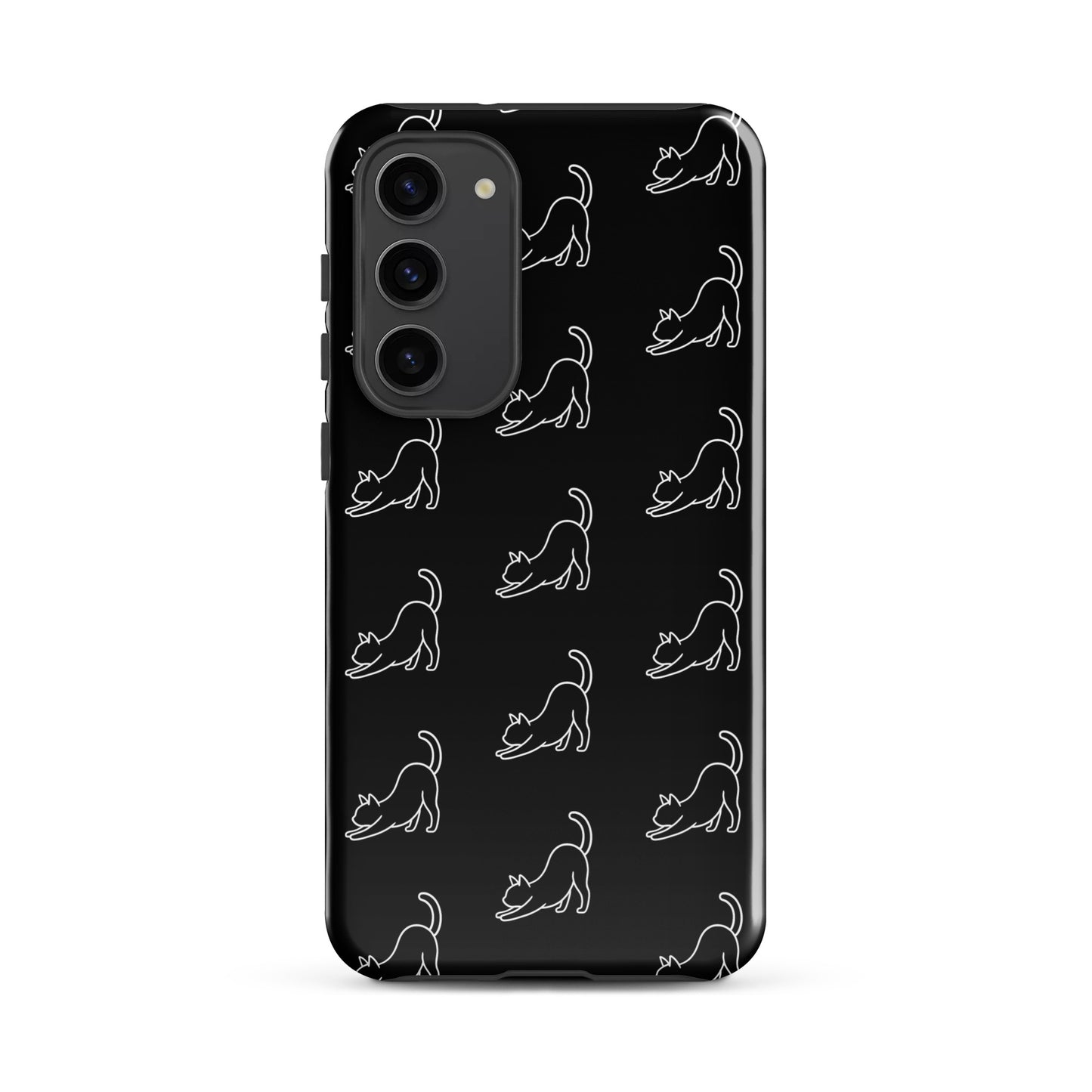 Phone Case for Samsung Galaxy with minimalist stretching cat pattern on a sleek black background.