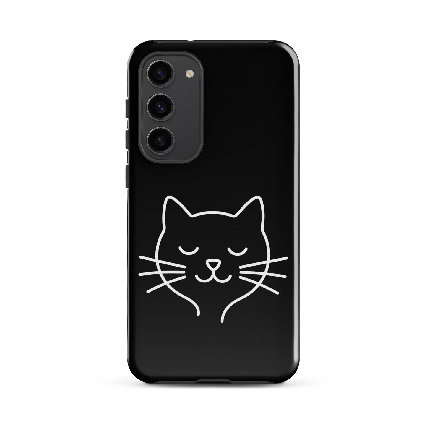 Phone Case for Samsung Galaxy featuring a cute minimalist cat line art design on a black background.