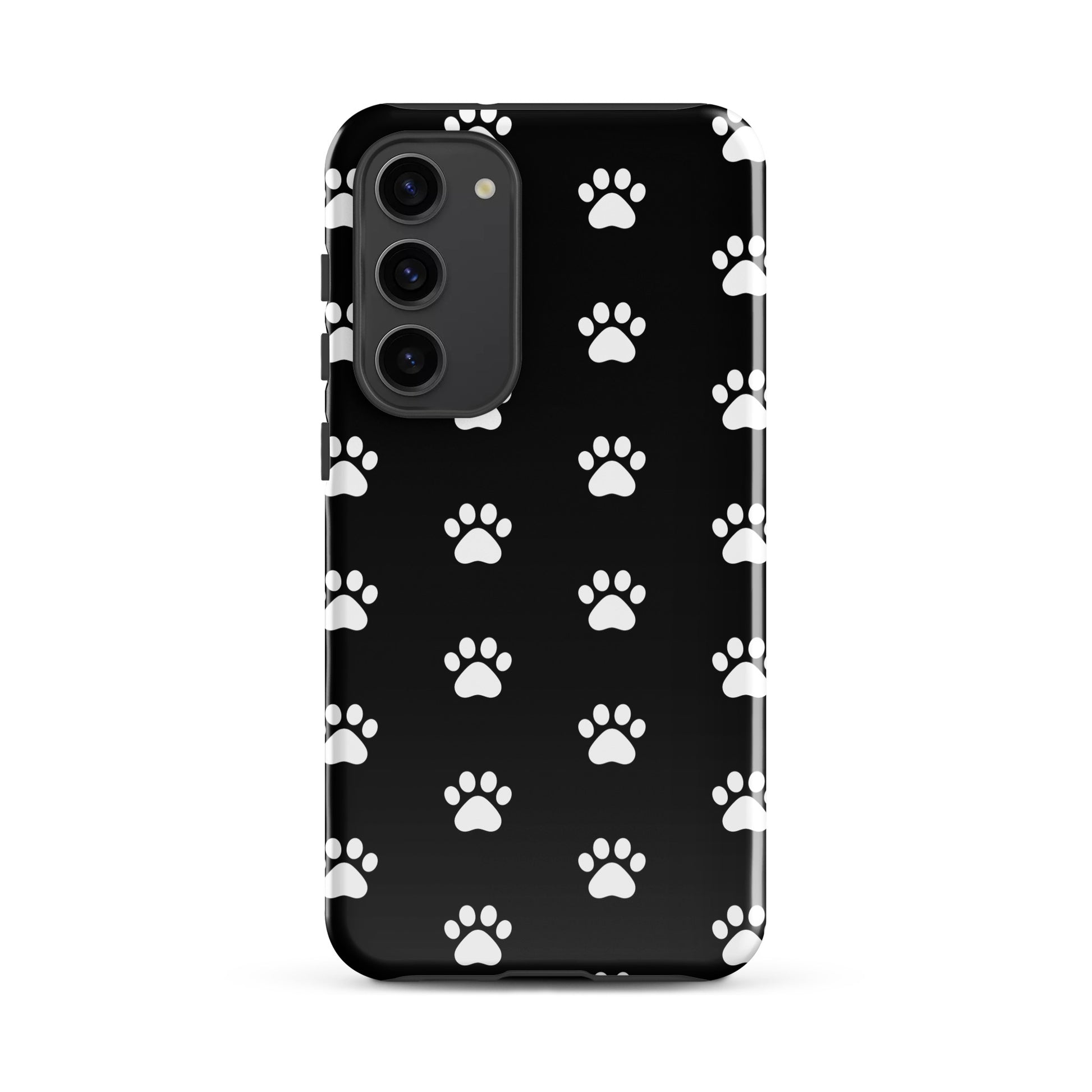 Phone Case for Samsung Galaxy with stylish paw print design for pet lovers, featuring a black background and white paw prints.