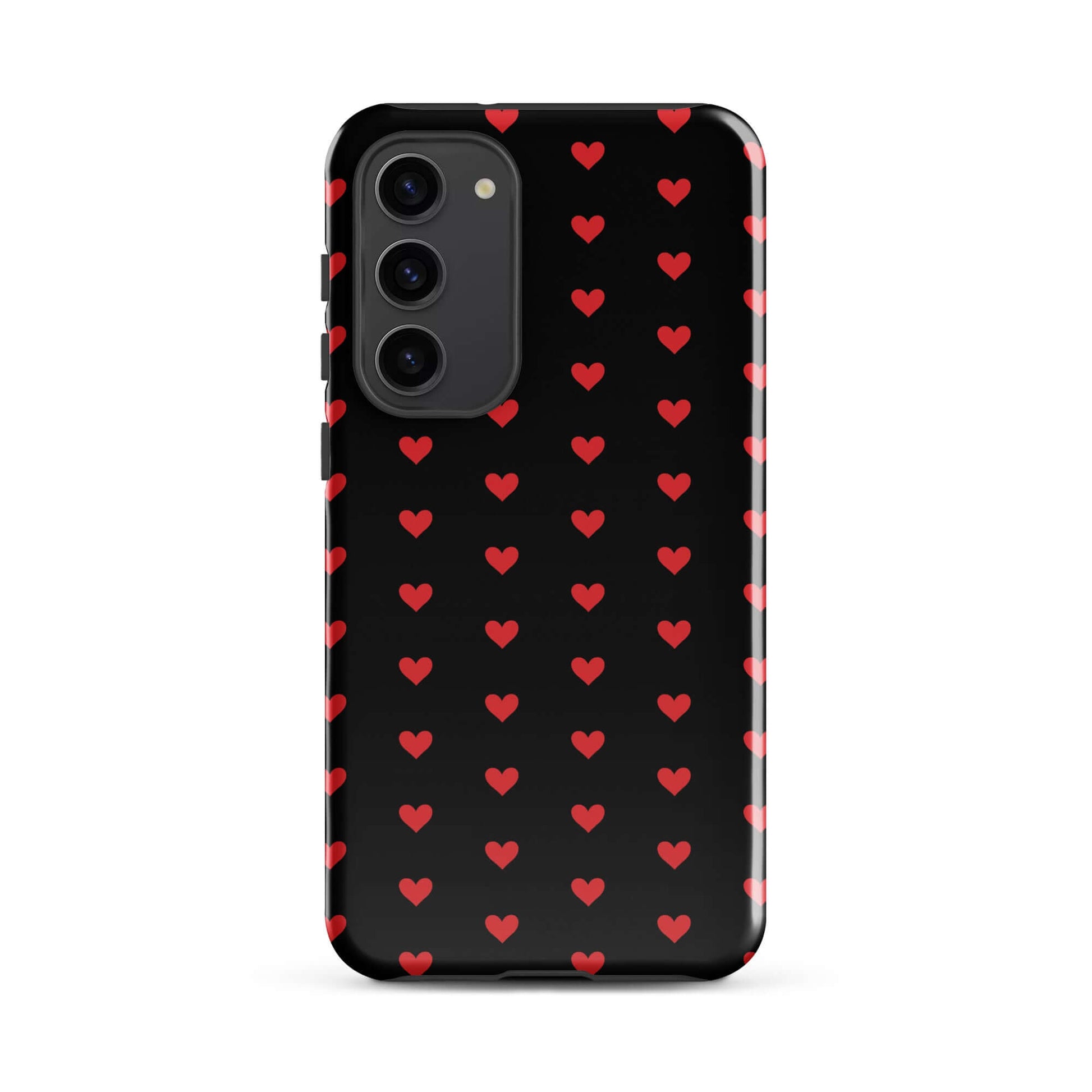 Phone Case for Samsung Galaxy featuring a pattern of fiery red hearts on a black background.