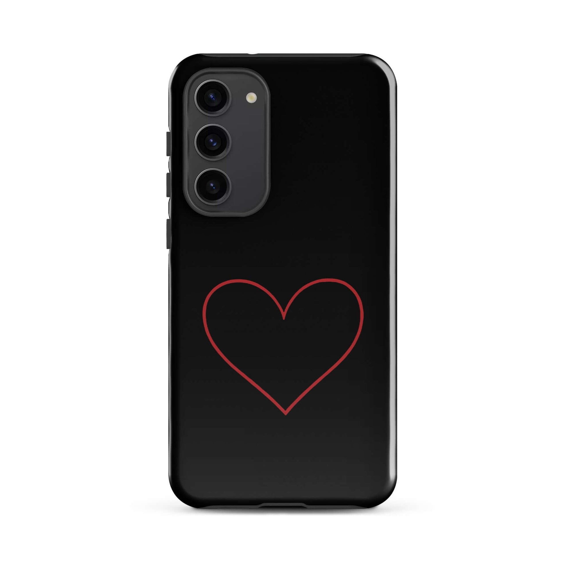 Phone Case for Samsung Galaxy featuring a minimalist crimson heart design on a sleek black background.