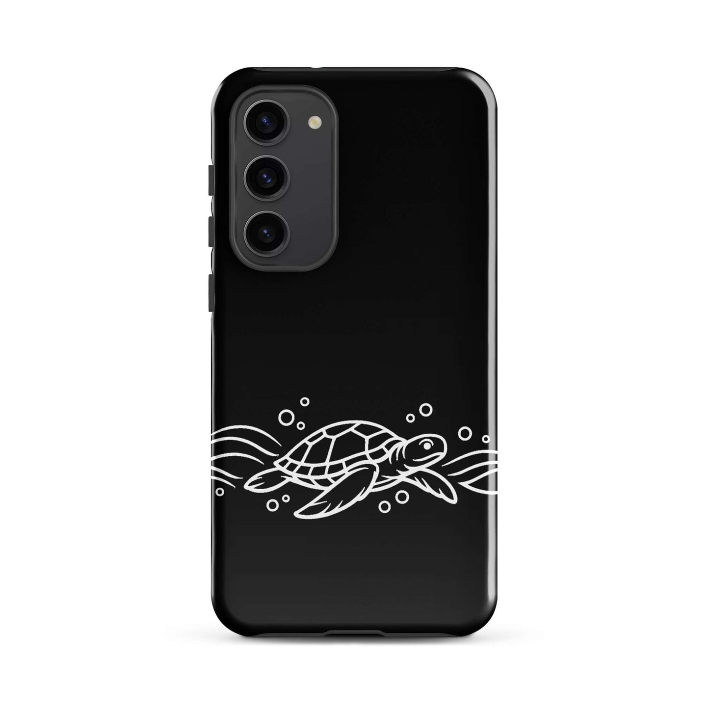 Phone Case for Samsung Galaxy featuring a minimalist sea turtle and abstract waves design in white on black.