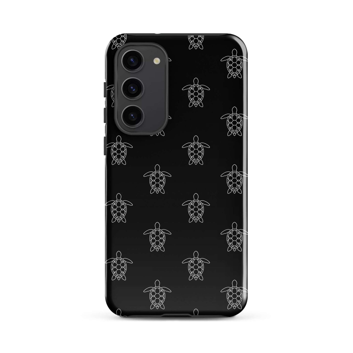 Phone Case for Samsung Galaxy with minimalist sea turtle pattern on a black background.