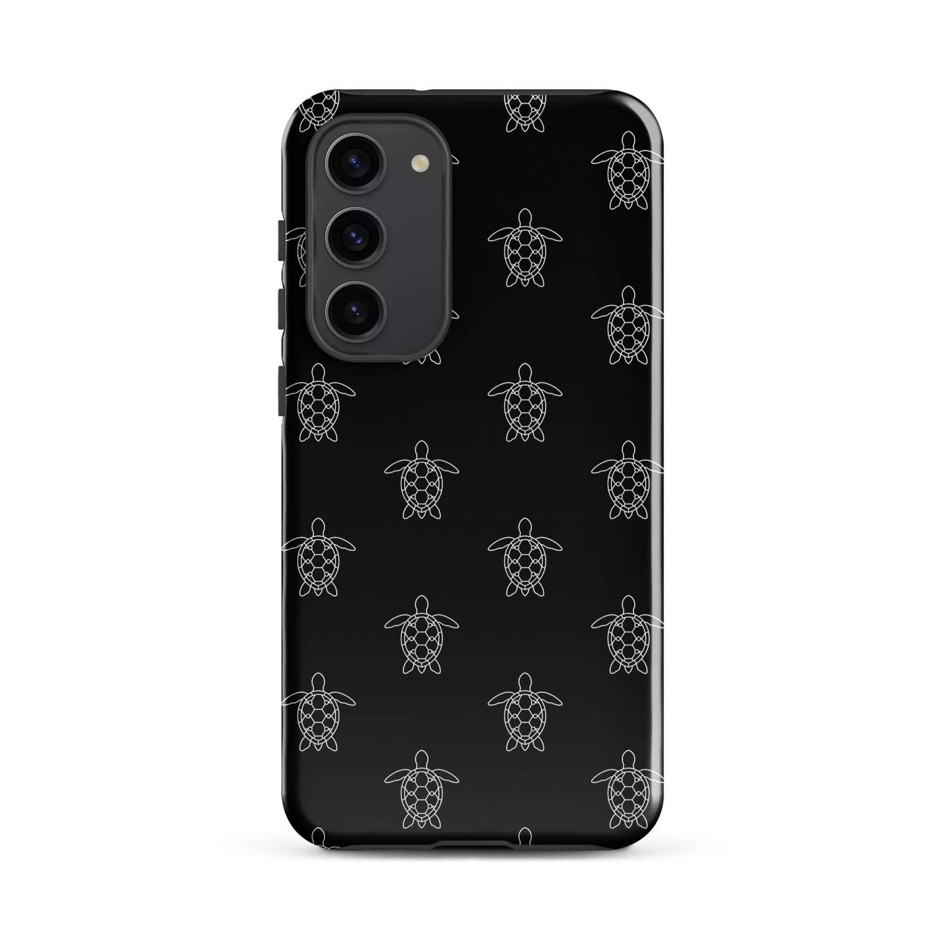 Phone Case for Samsung Galaxy with minimalist sea turtle pattern on a black background.