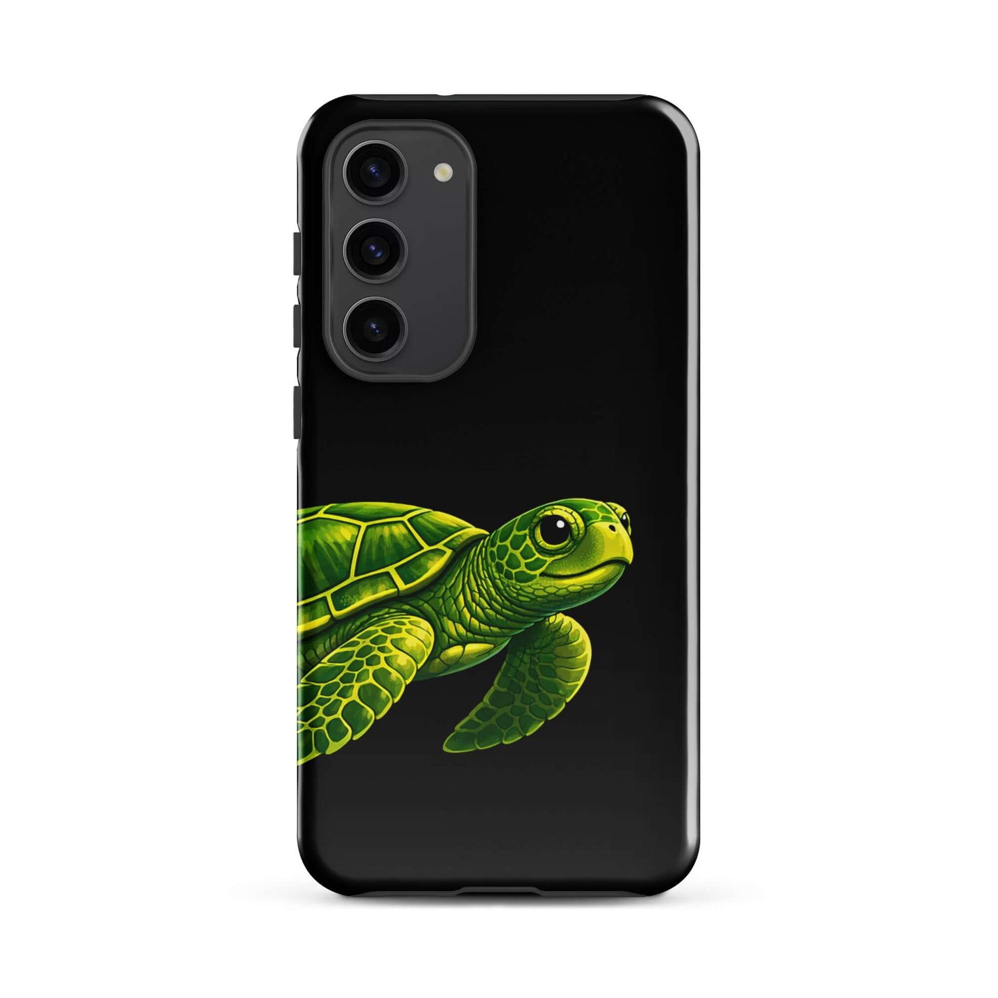 Phone case for Samsung Galaxy featuring a vibrant sea turtle design on a deep black background.