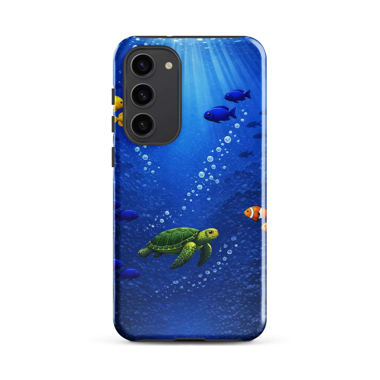 Phone Case for Samsung Galaxy featuring a sea turtle and colorful fish in deep blue ocean design.
