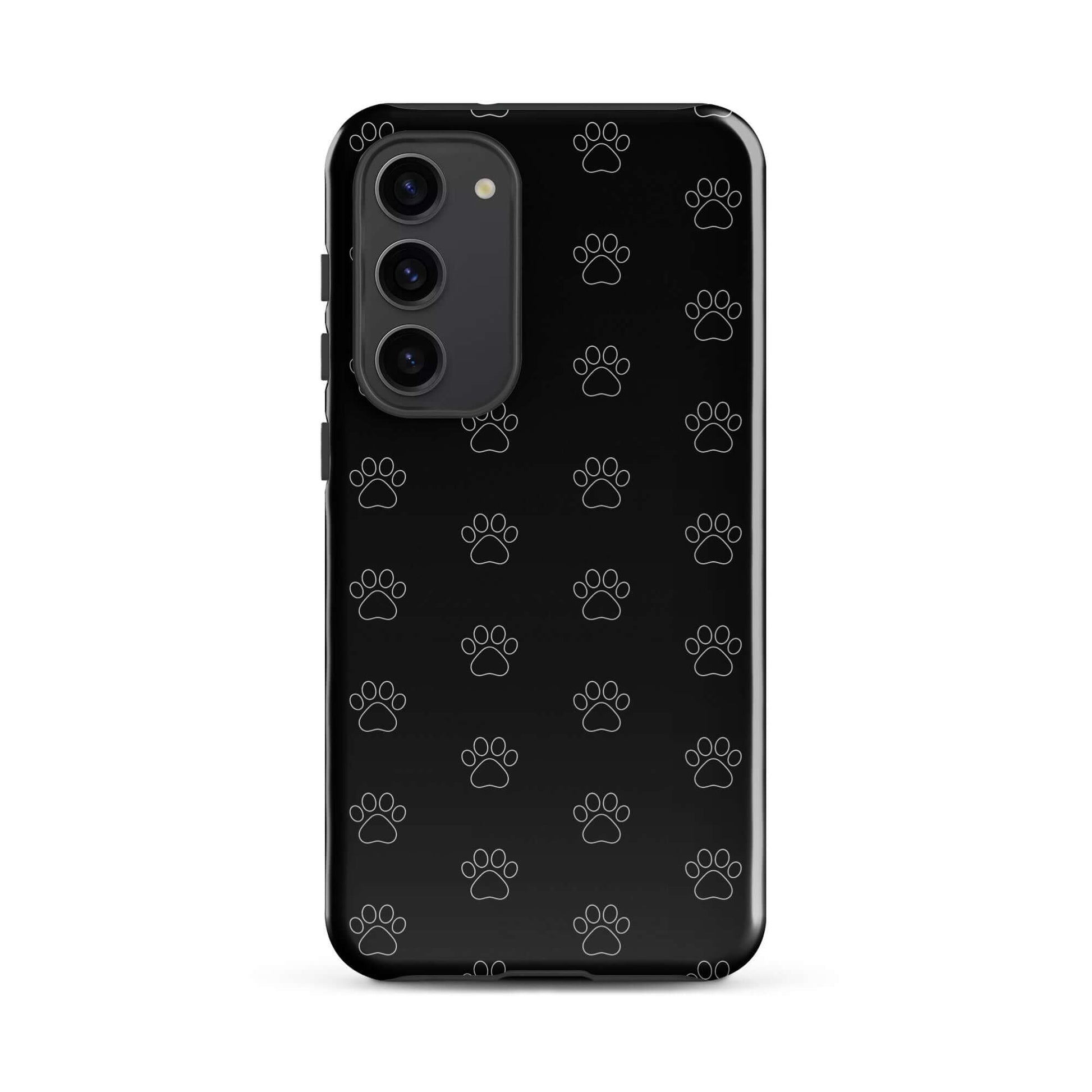 Phone Case for Samsung Galaxy with playful black paw print pattern, perfect for pet lovers.