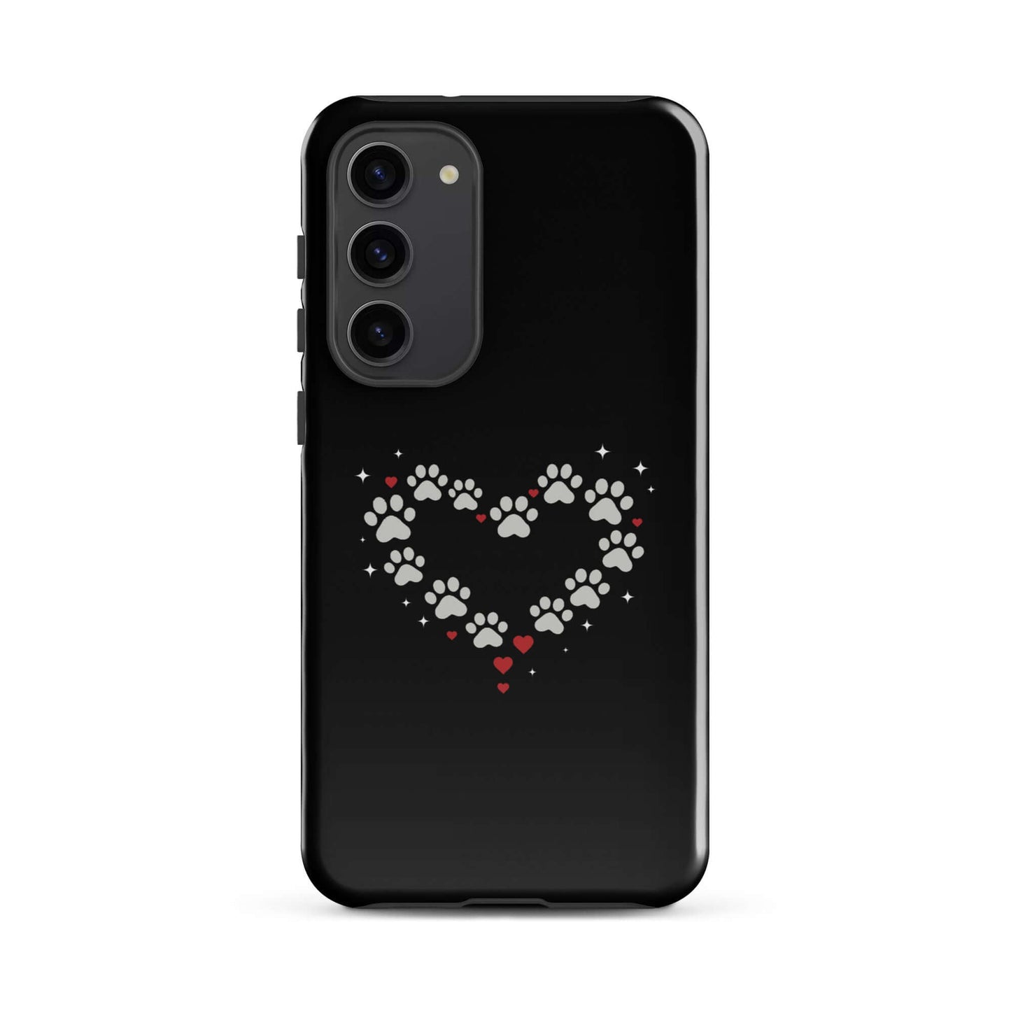 Phone Case for Samsung Galaxy featuring a paw-print heart design on a sleek black background.