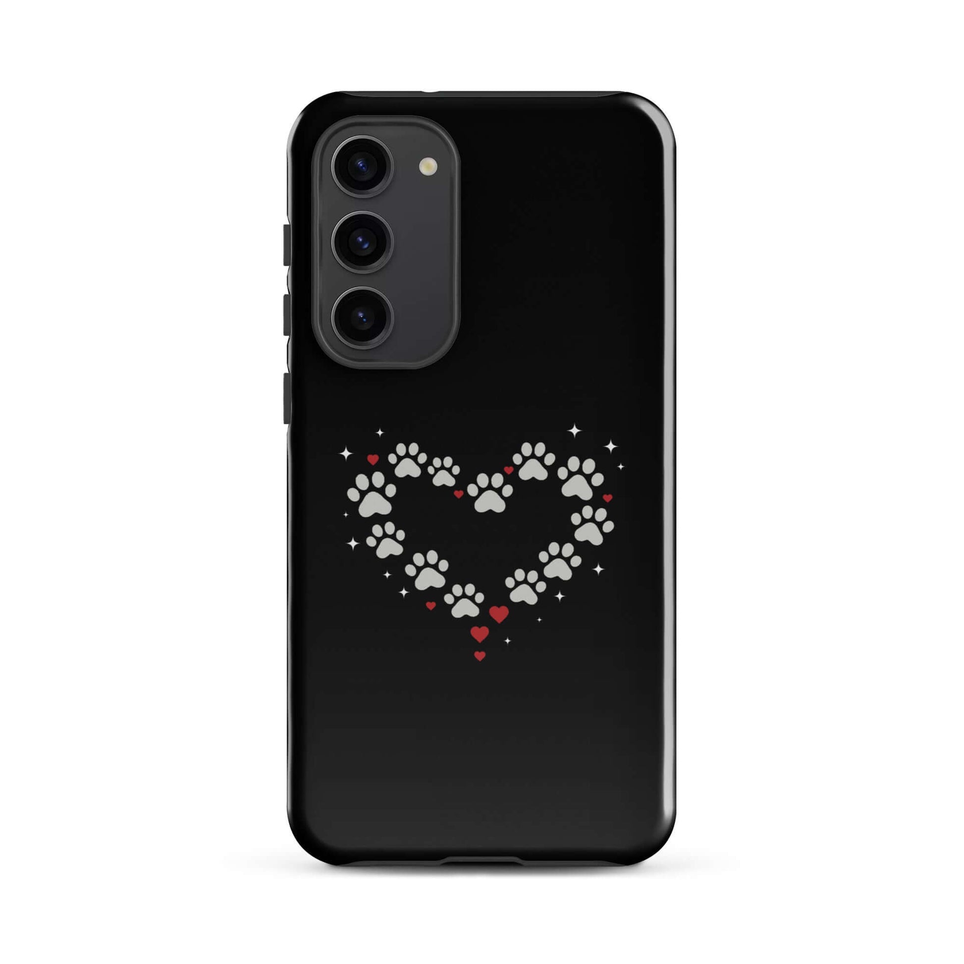 Phone Case for Samsung Galaxy featuring a paw-print heart design on a sleek black background.