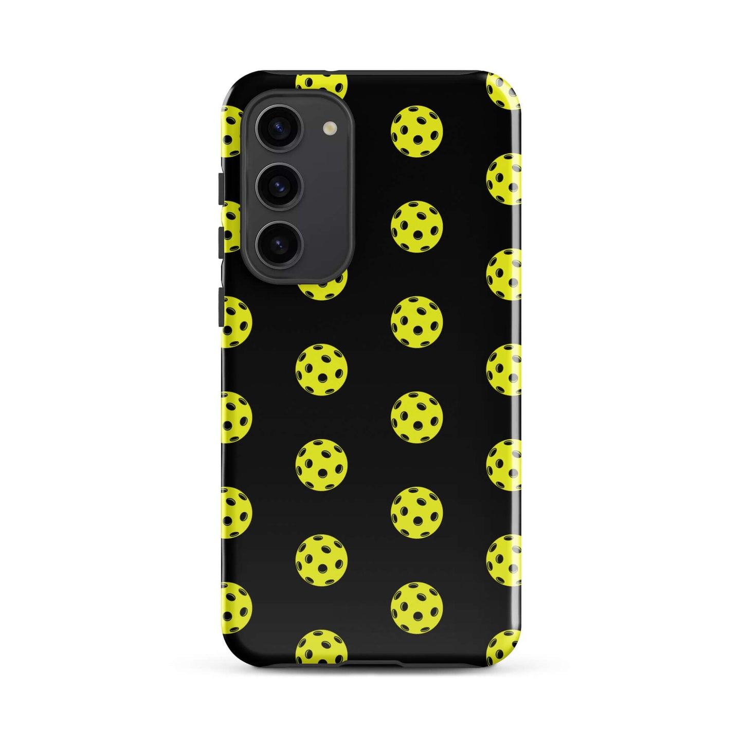 Phone Case for Samsung Galaxy featuring a playful pickleball pattern on a black background.