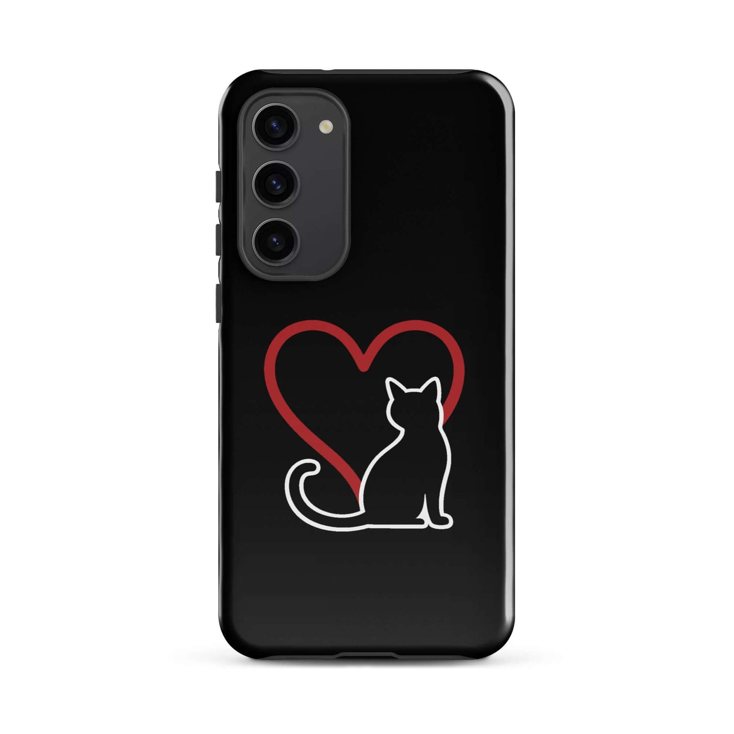 Phone Case for Samsung Galaxy featuring a black cat silhouette and a red heart on a sleek black background.