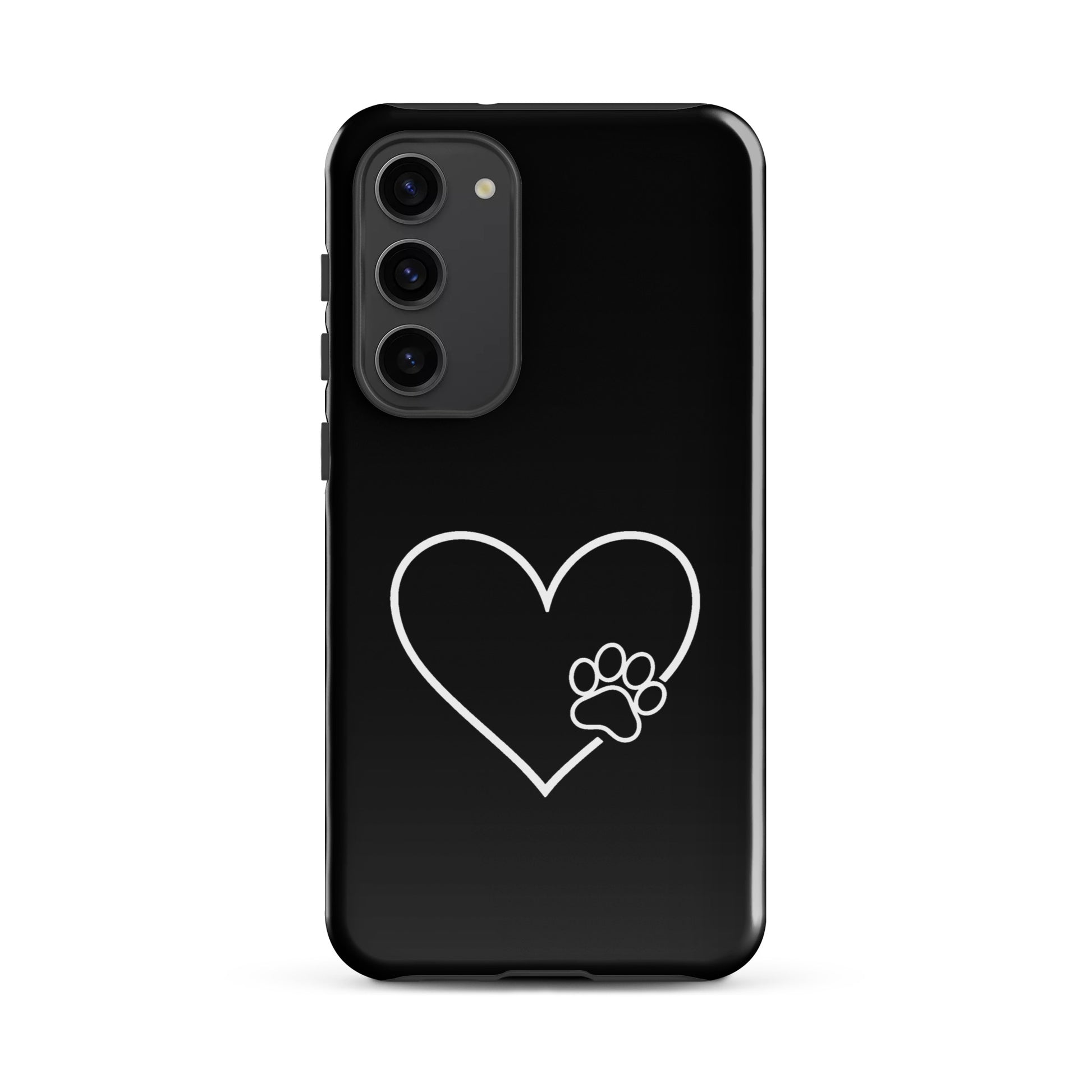 Phone Case for Samsung Galaxy with white heart and black paw print, symbolizing pet love and tech protection.