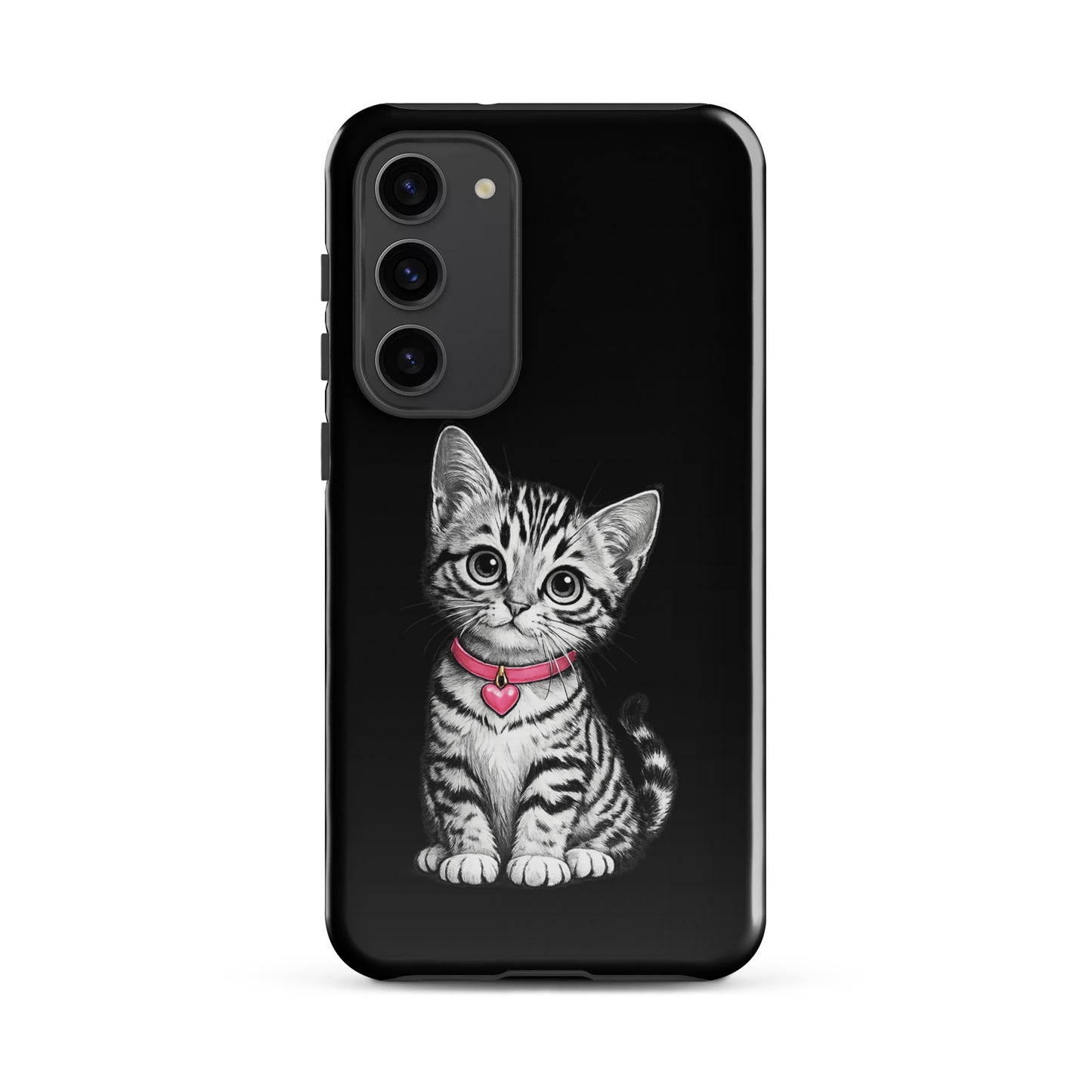 Phone Case for Samsung Galaxy with sketch kitten and pink heart charm