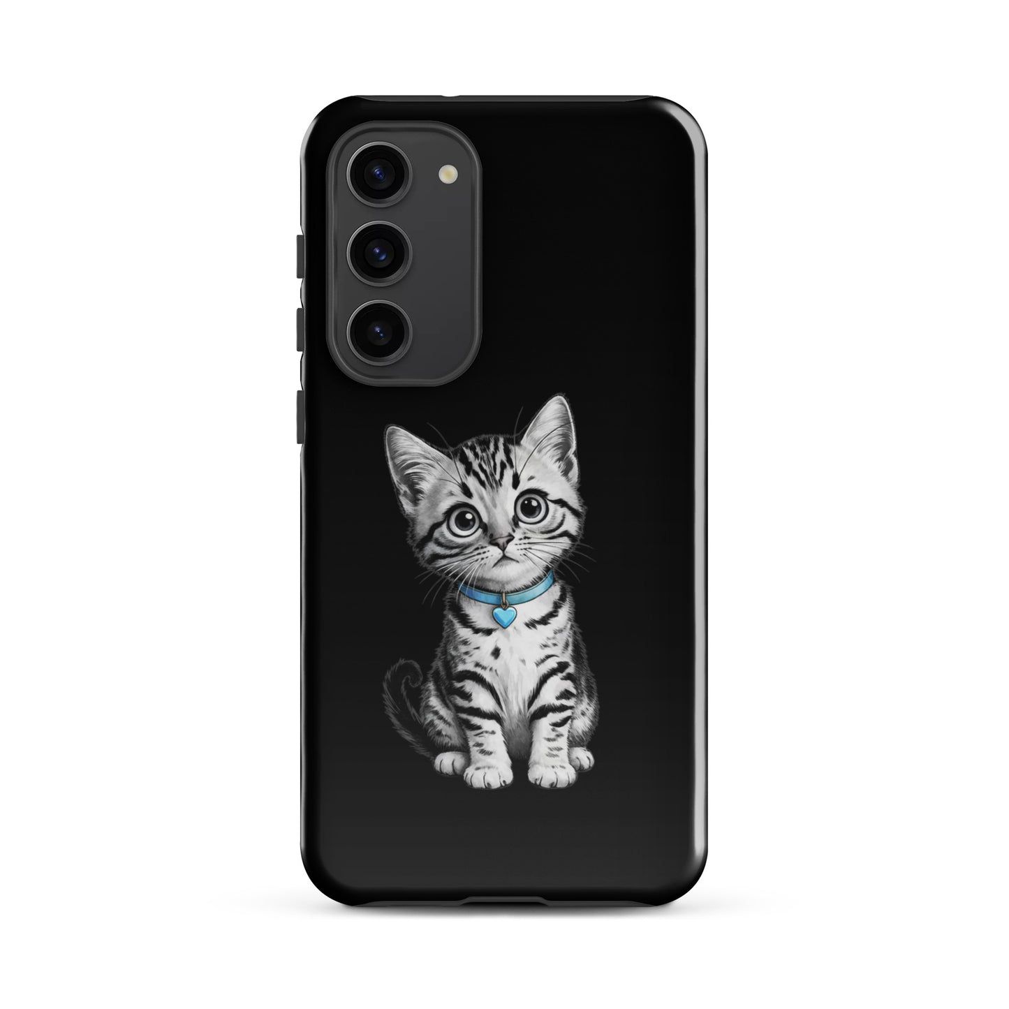 Phone Case for Samsung Galaxy with kitten and blue heart charm design, featuring black-and-white sketch of a kitten with a blue collar.