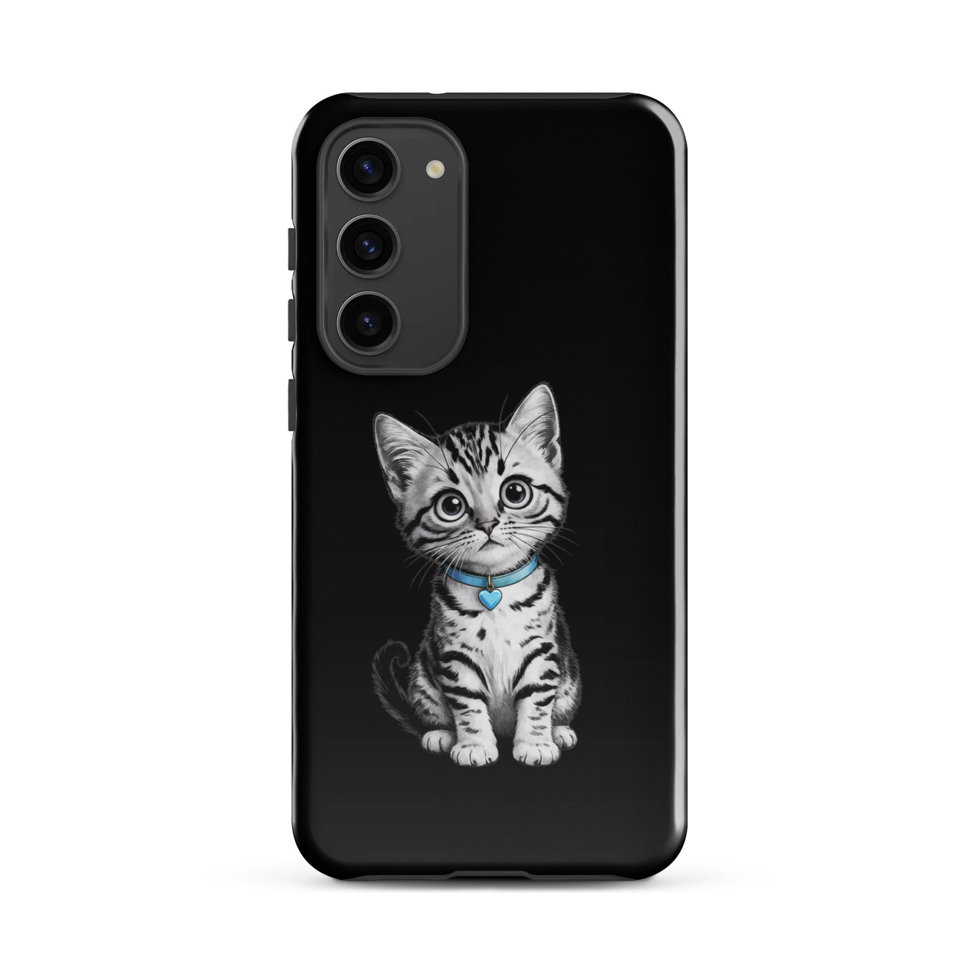 Phone Case for Samsung Galaxy with kitten and blue heart charm design, featuring black-and-white sketch of a kitten with a blue collar.